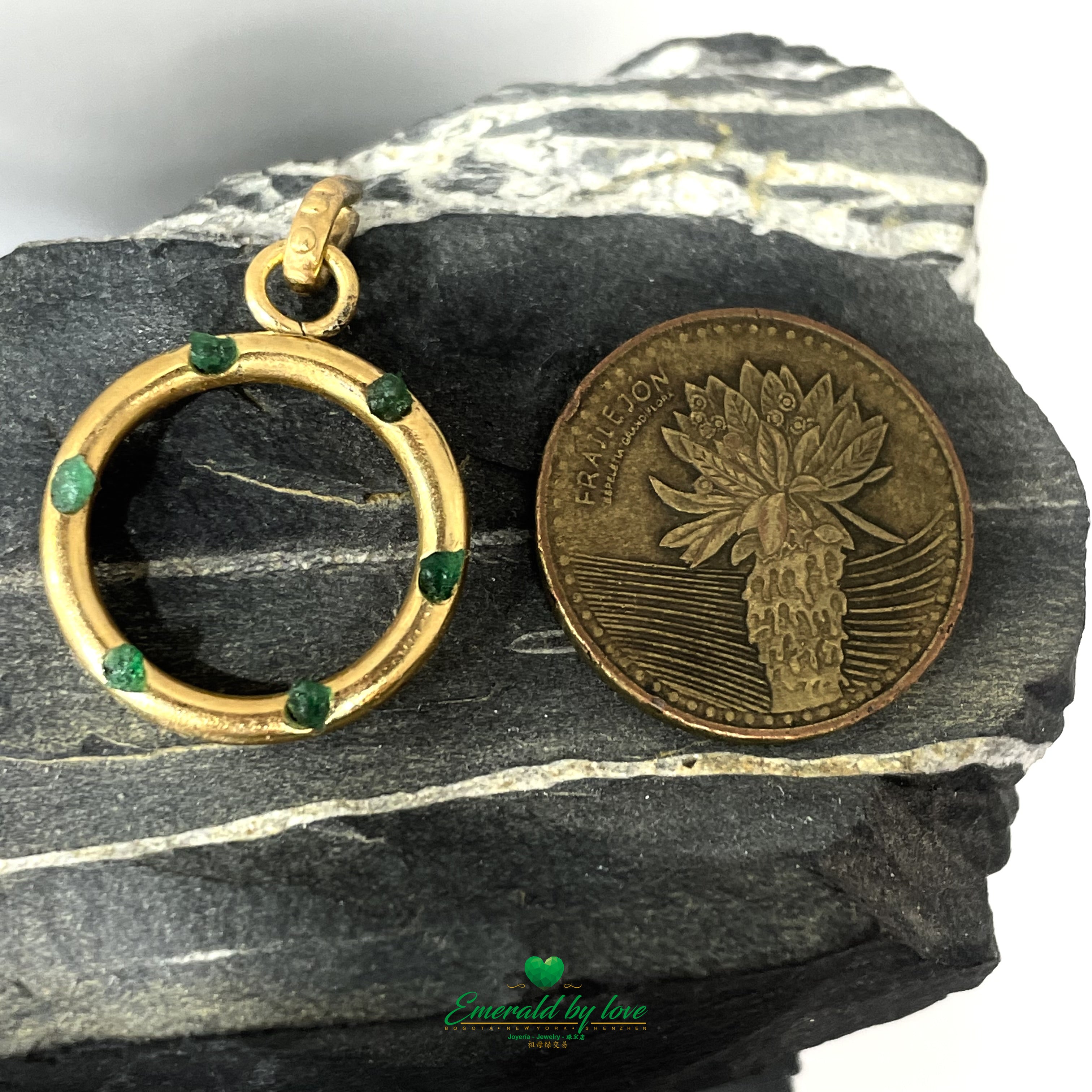 Refined Hoop Pendant with Small Inlaid Rough-Cut Emeralds