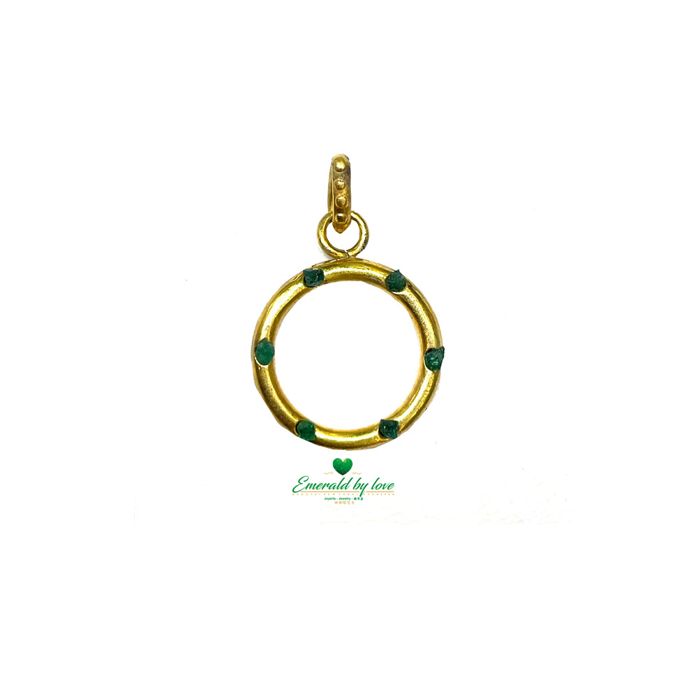 Refined Hoop Pendant with Small Inlaid Rough-Cut Emeralds