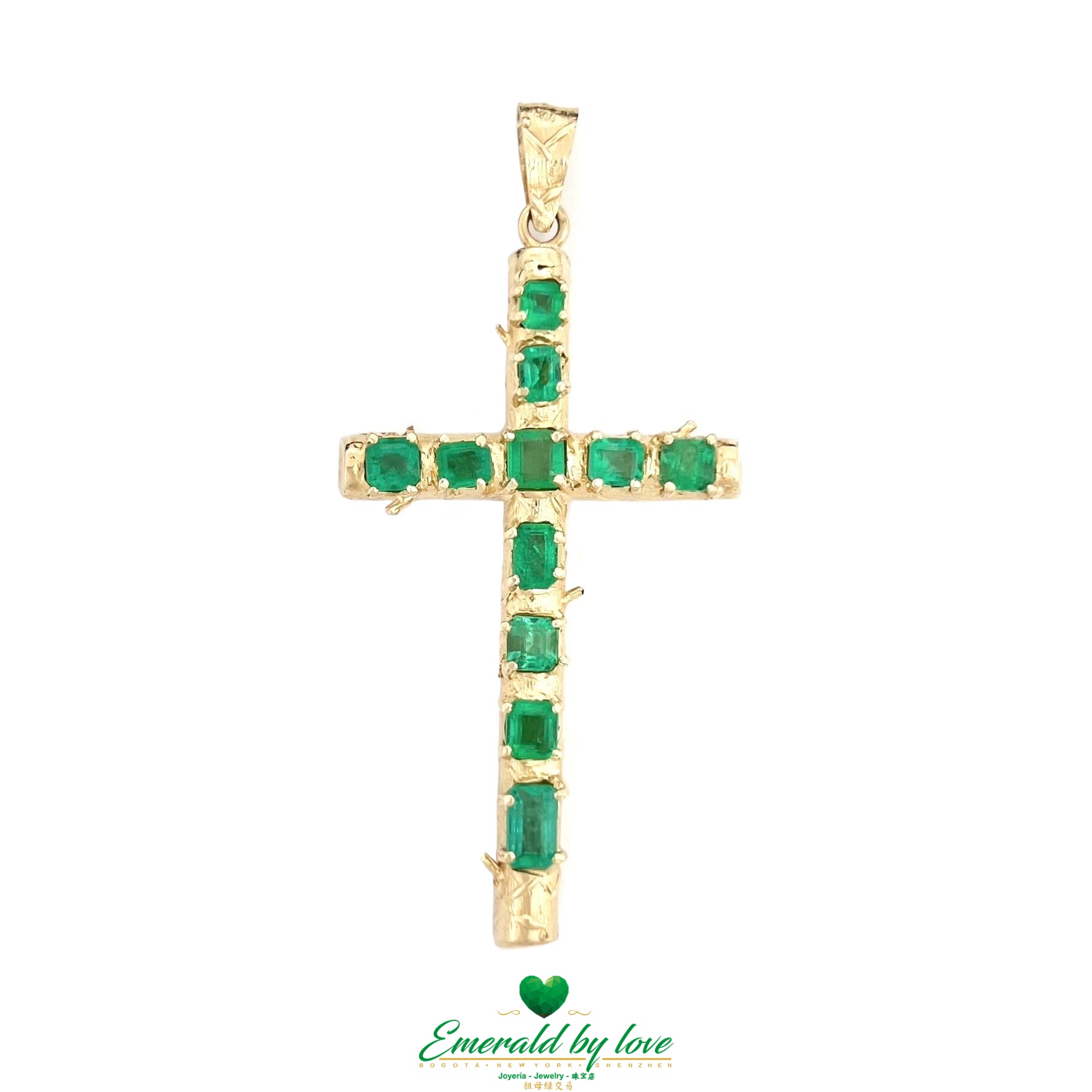 Captivating 18k Yellow Gold Cross Pendant Featuring Colombian Crystal Emeralds