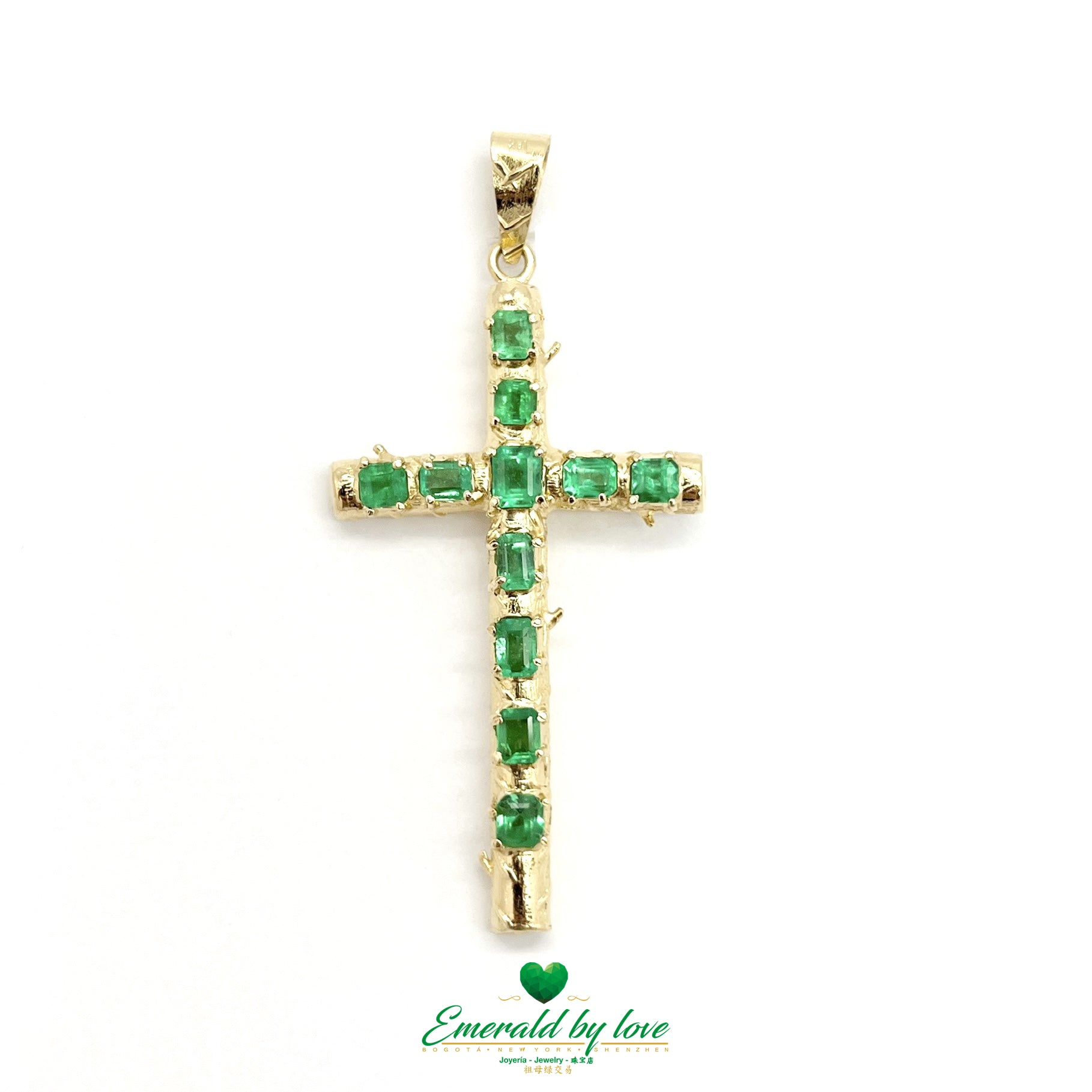 Large Gold Cross Pendant with Crystal-Toned Emerald Cut Colombian Emeralds