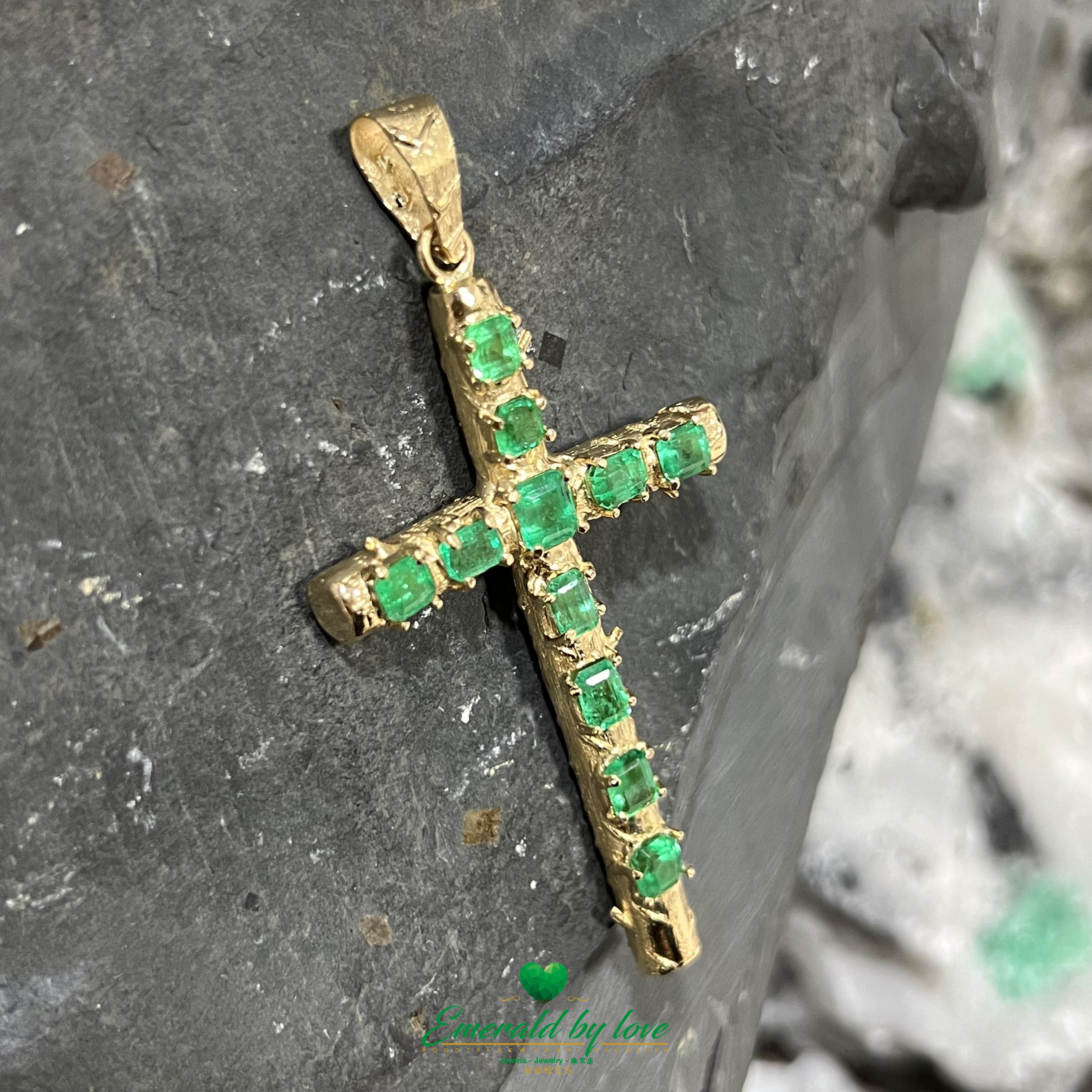 Large Gold Cross Pendant with Crystal-Toned Emerald Cut Colombian Emeralds