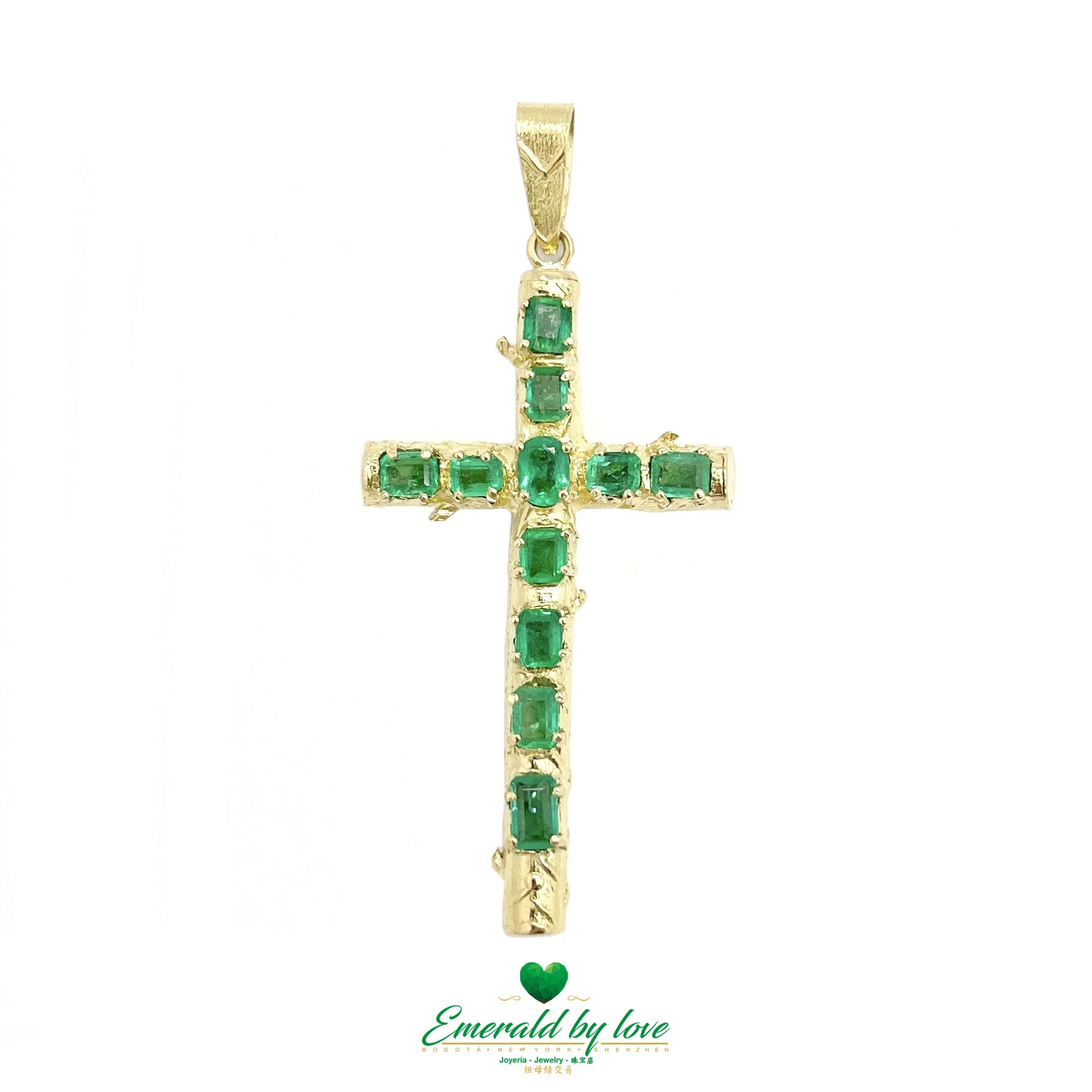 Gold Cross Pendant with Central Oval Emerald & Rectangular Emerald Arms