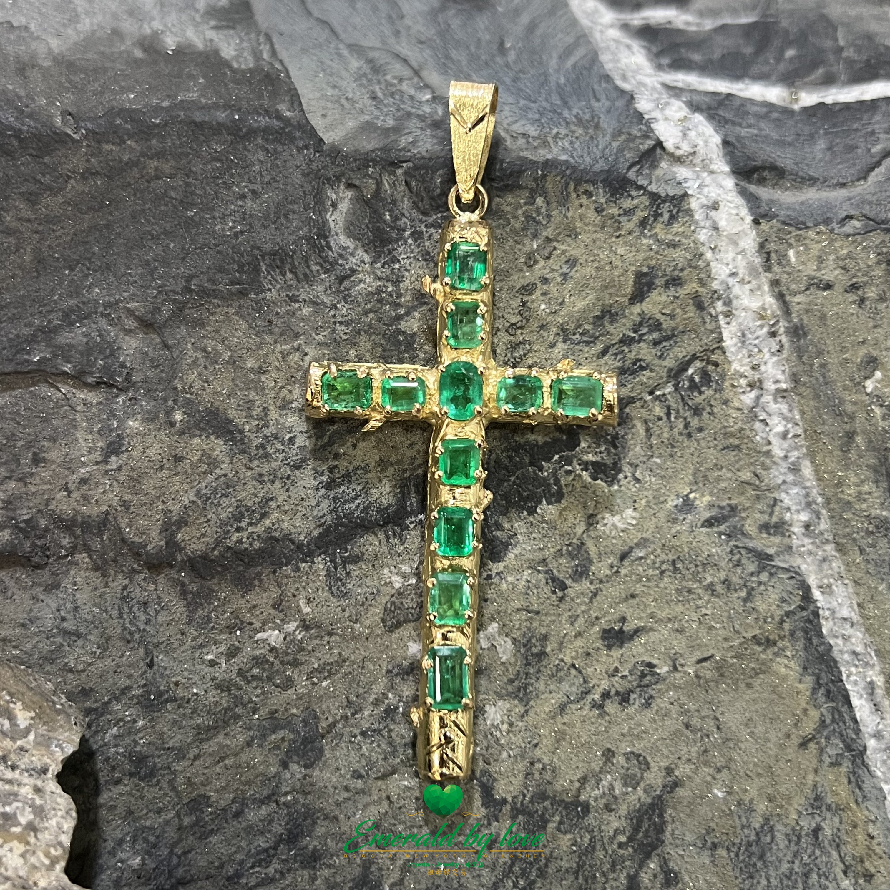 Gold Cross Pendant with Central Oval Emerald & Rectangular Emerald Arms