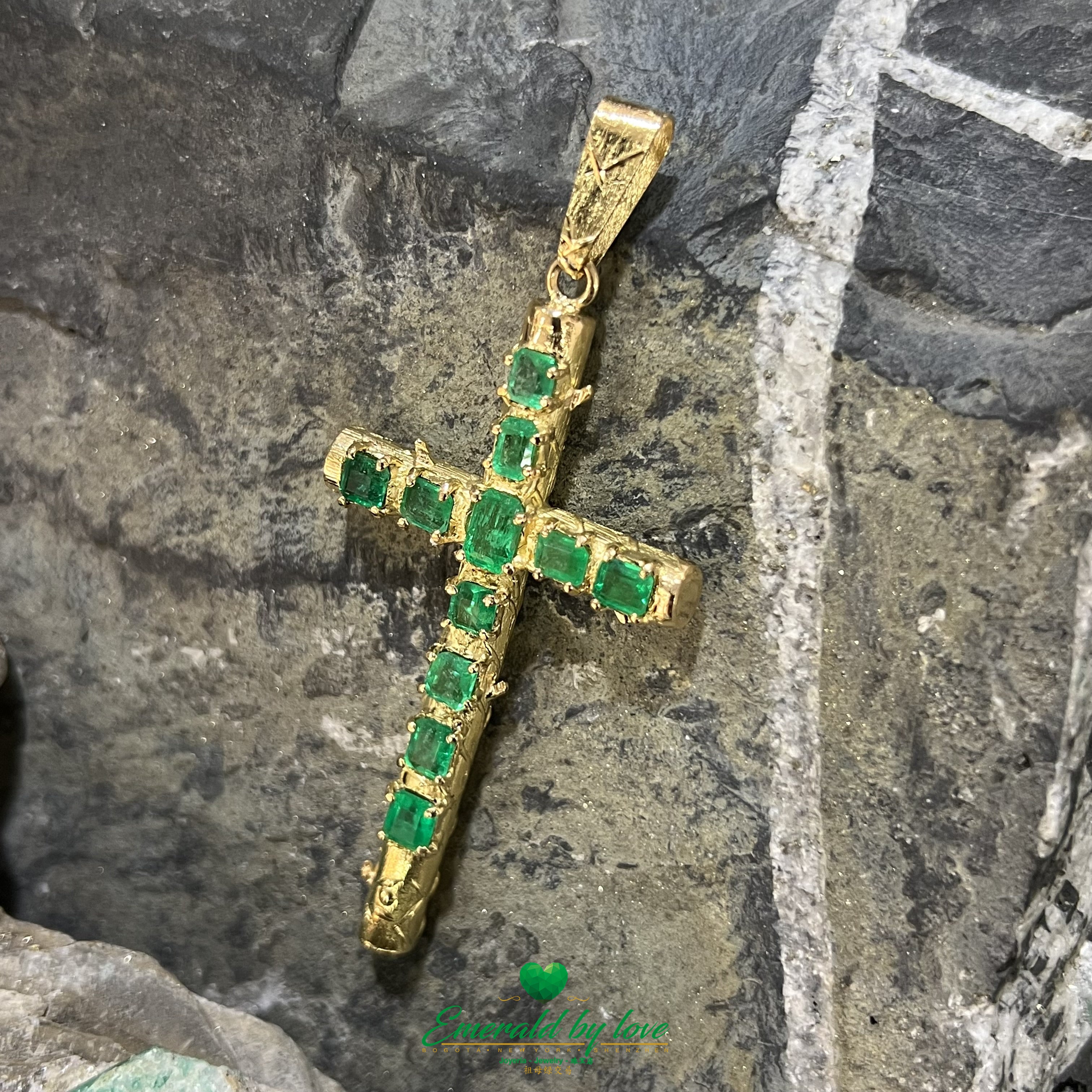 Captivating 18K Yellow Gold Cross Pendant with Authentic Colombian Mixed Emeralds