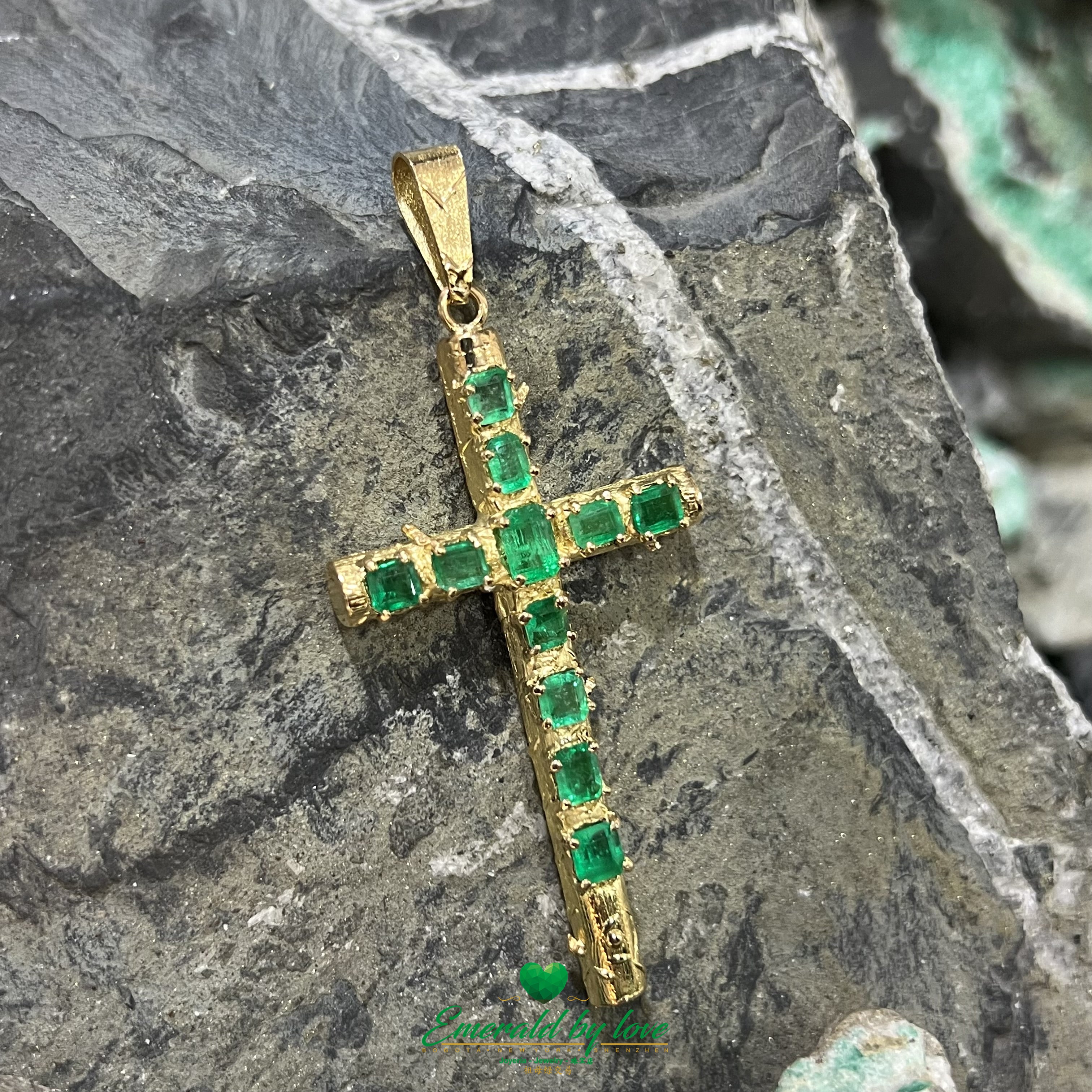 Captivating 18K Yellow Gold Cross Pendant with Authentic Colombian Mixed Emeralds
