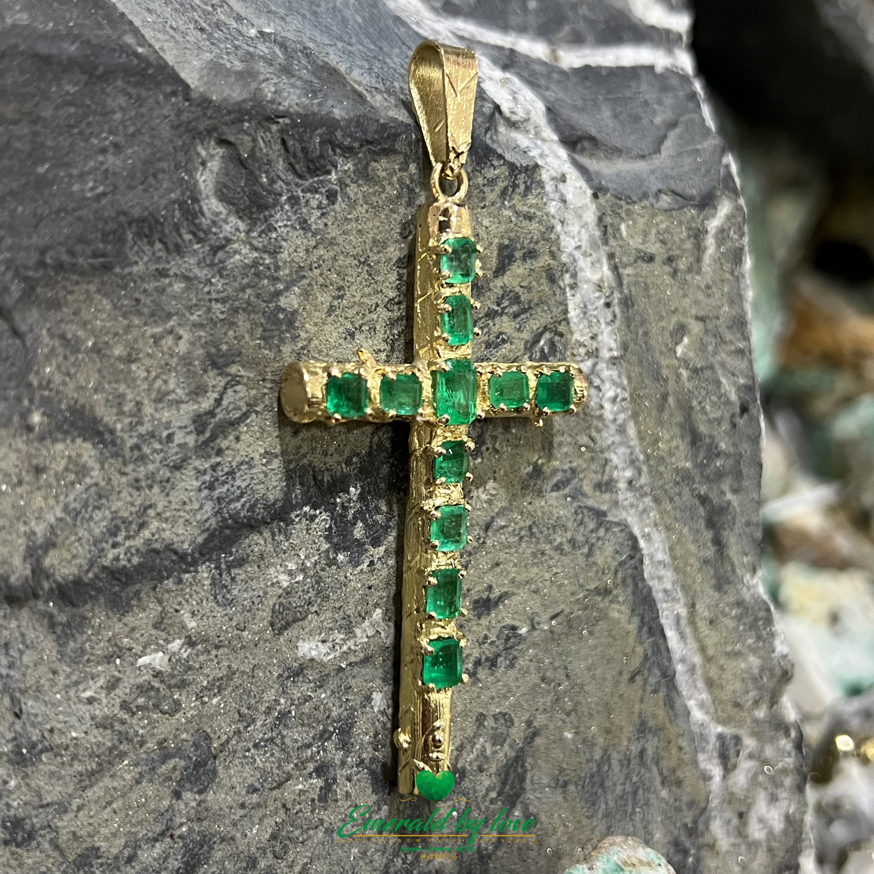 Captivating 18K Yellow Gold Cross Pendant with Authentic Colombian Mixed Emeralds