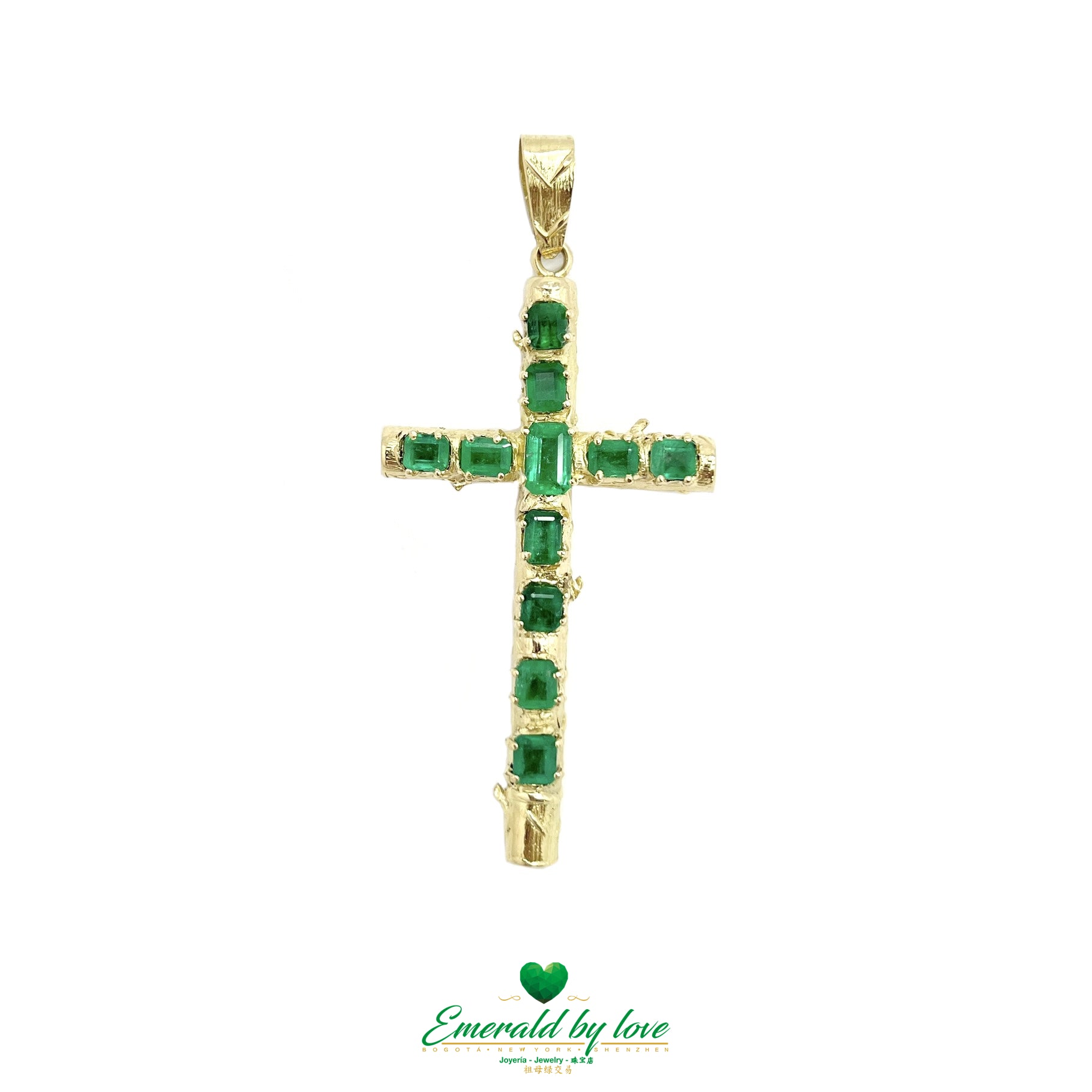 Yellow Gold Tree-Trunk Cross with Rectangular Colombian Emeralds