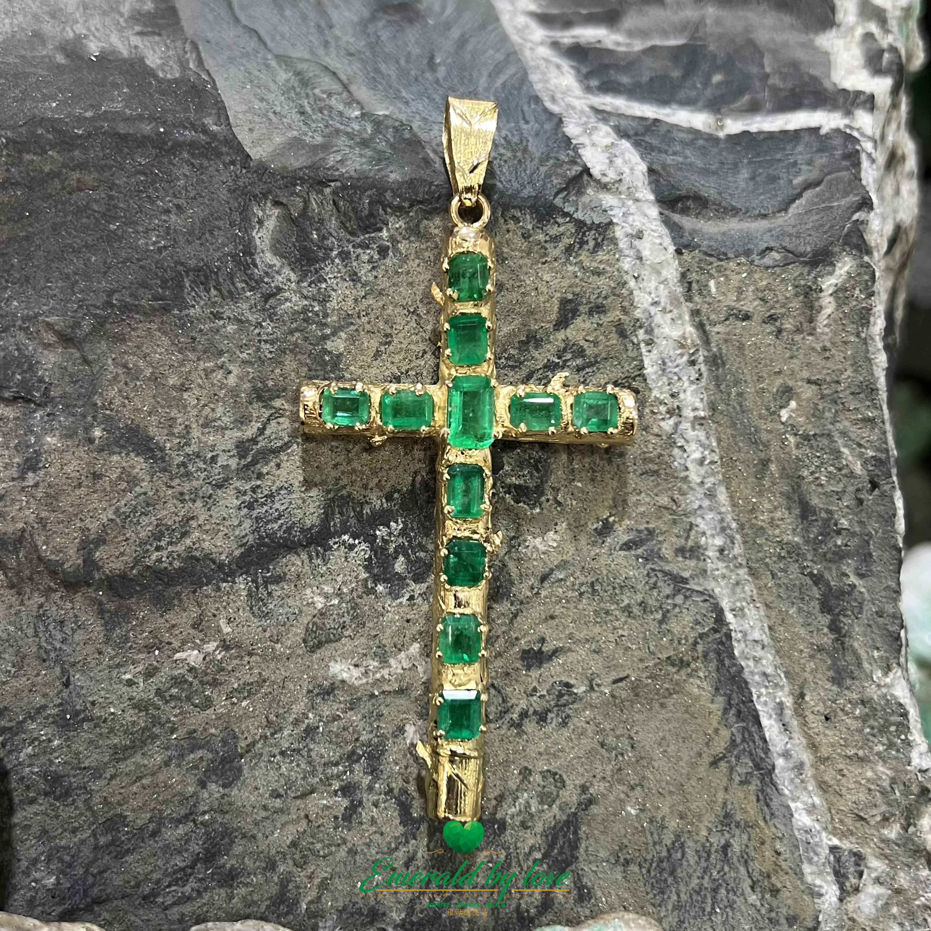 Yellow Gold Tree-Trunk Cross with Rectangular Colombian Emeralds