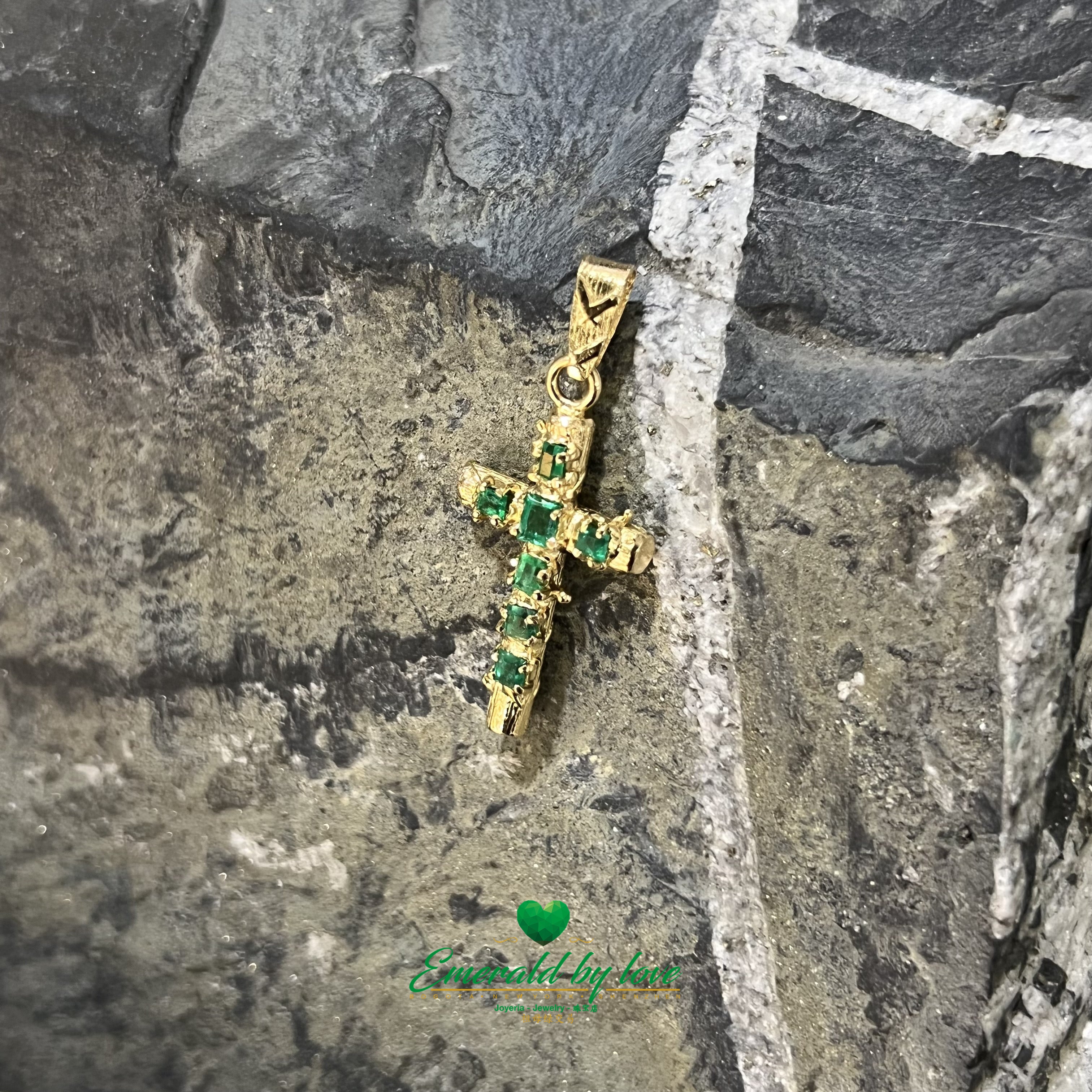 Radiance of Nature: Yellow Gold Cross with Colombian Emeralds