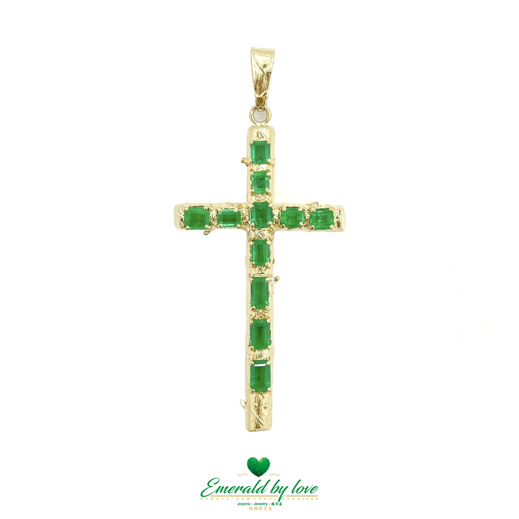 Yellow Gold Tree Trunk Pendant with Emerald Cut & Rectangular Colombian Emeralds