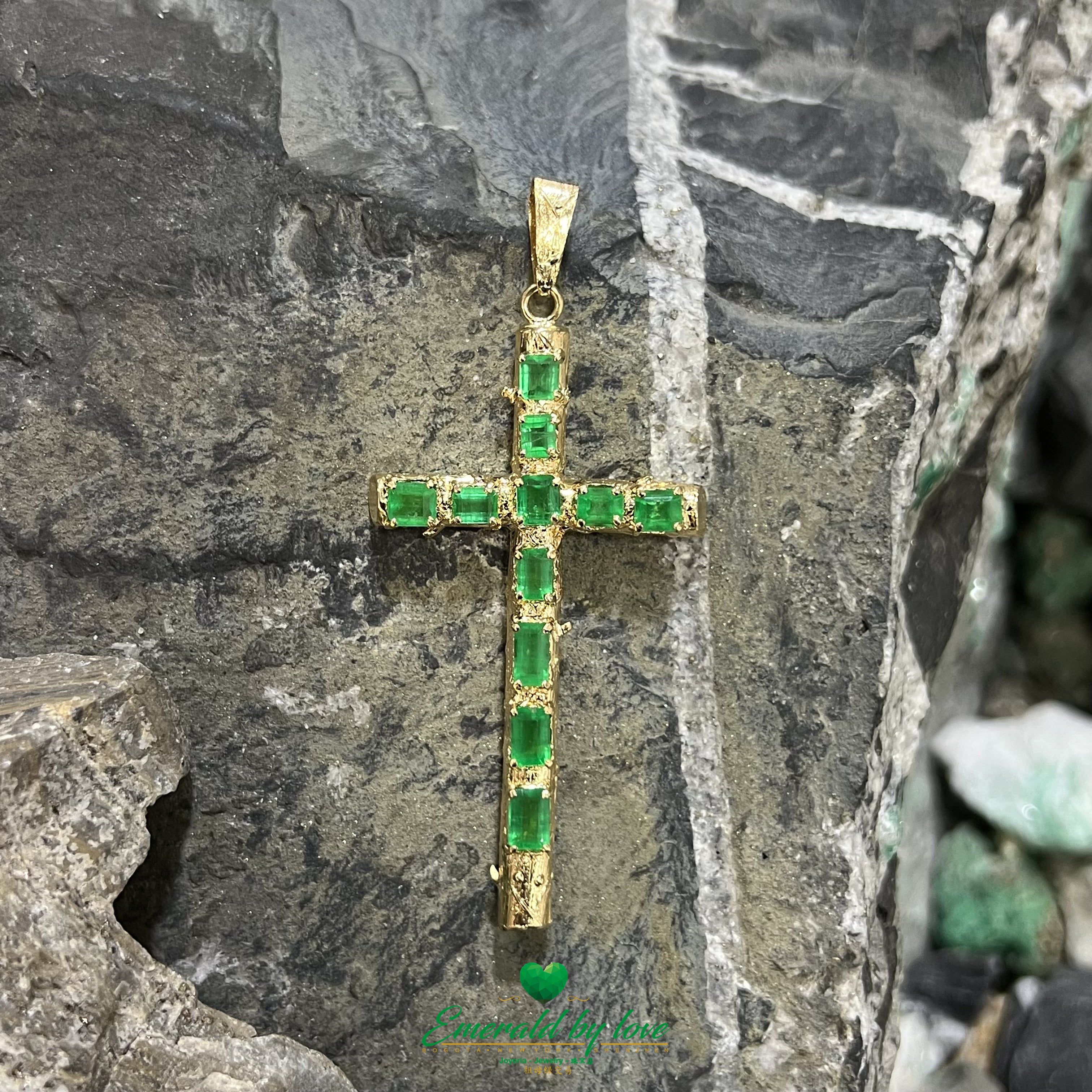 Yellow Gold Tree Trunk Pendant with Emerald Cut & Rectangular Colombian Emeralds