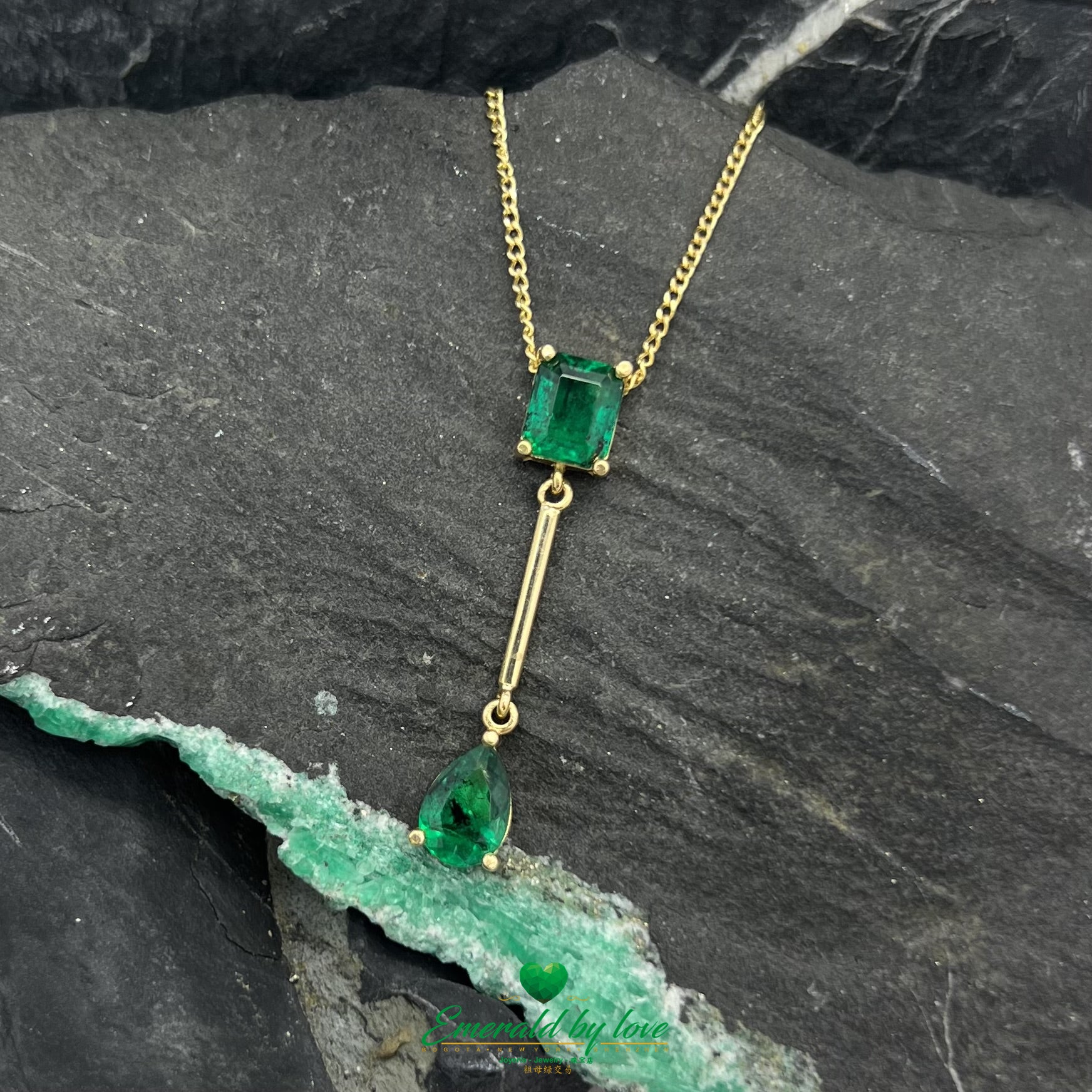 Long 18k Yellow Gold Pear and Square Emerald Pendant