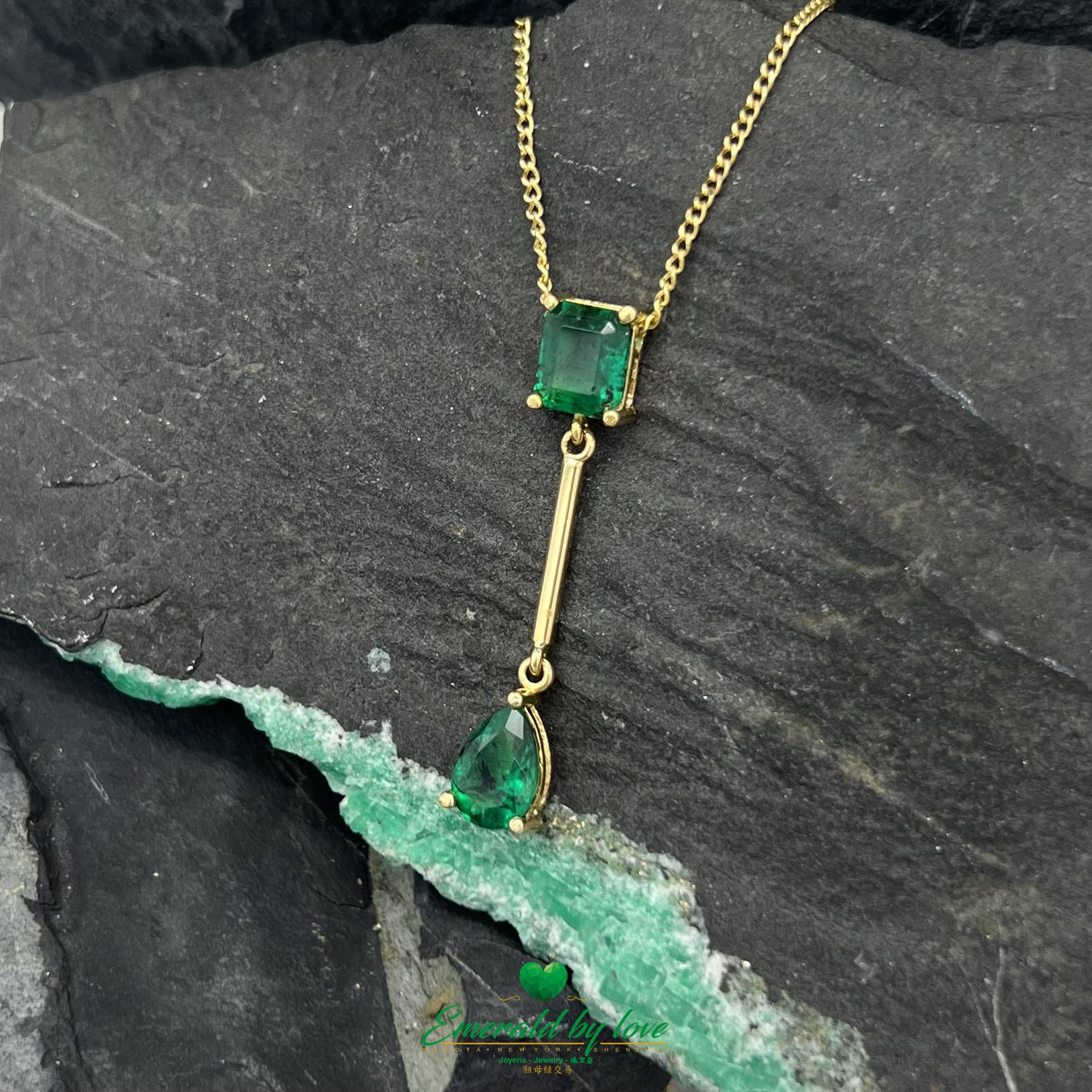 Long 18k Yellow Gold Pear and Square Emerald Pendant