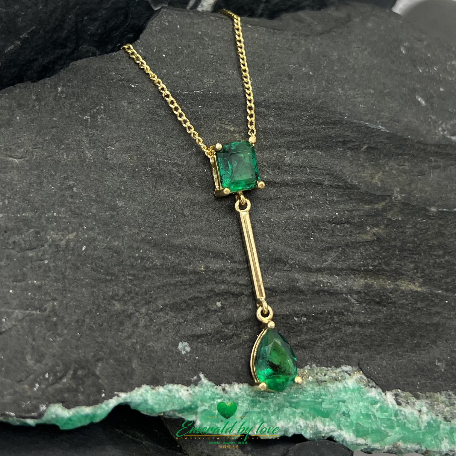 Long 18k Yellow Gold Pear and Square Emerald Pendant