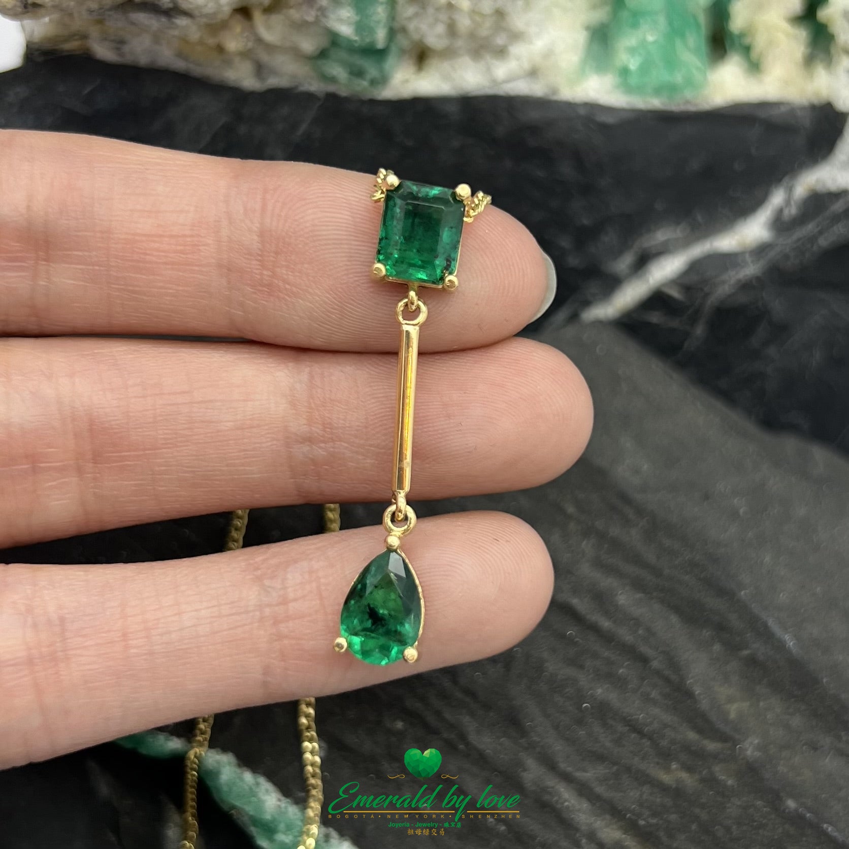 Long 18k Yellow Gold Pear and Square Emerald Pendant