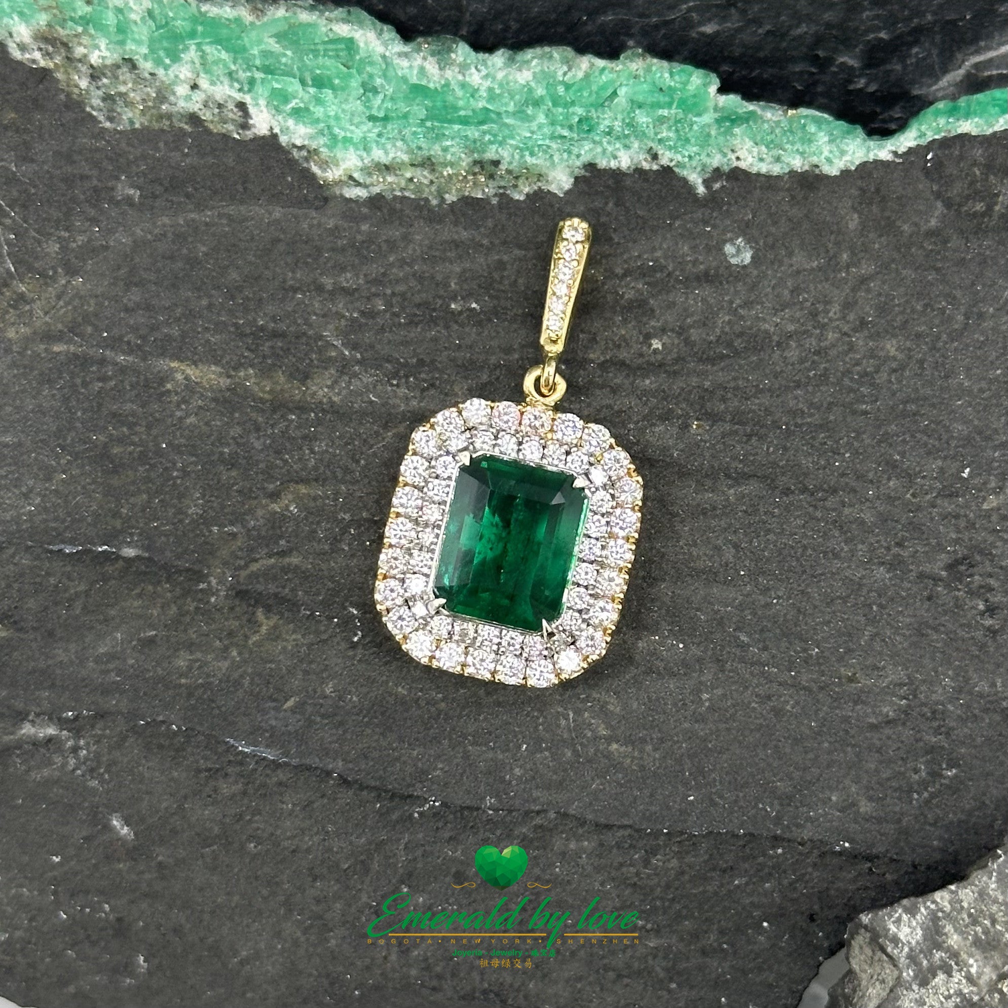 Exquisite Yellow Gold Marquise Pendant with Emerald Cut Emerald and Diamond Halo