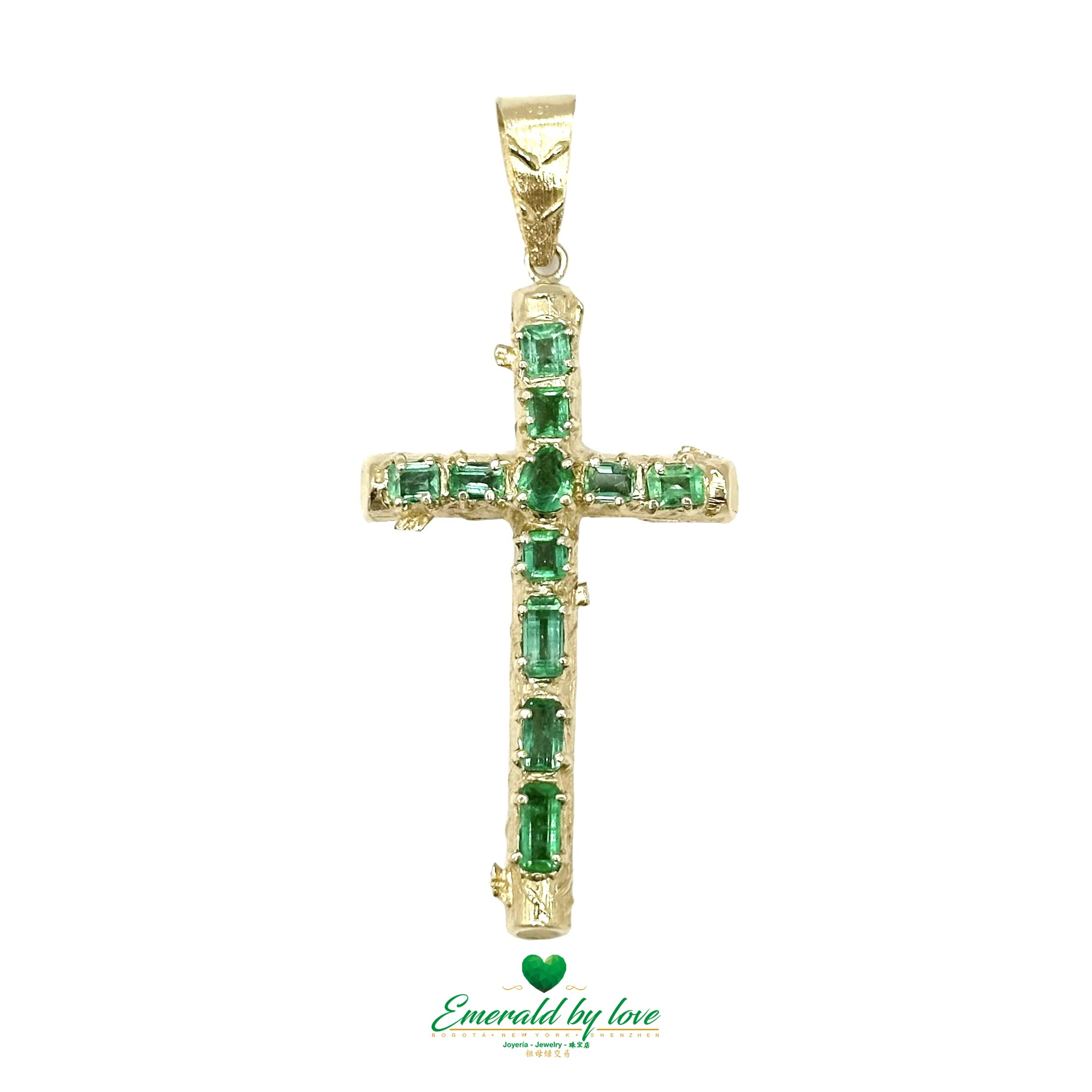 Elegant Yellow Gold Cross with Rectangular & Baguette Colombian Emeralds