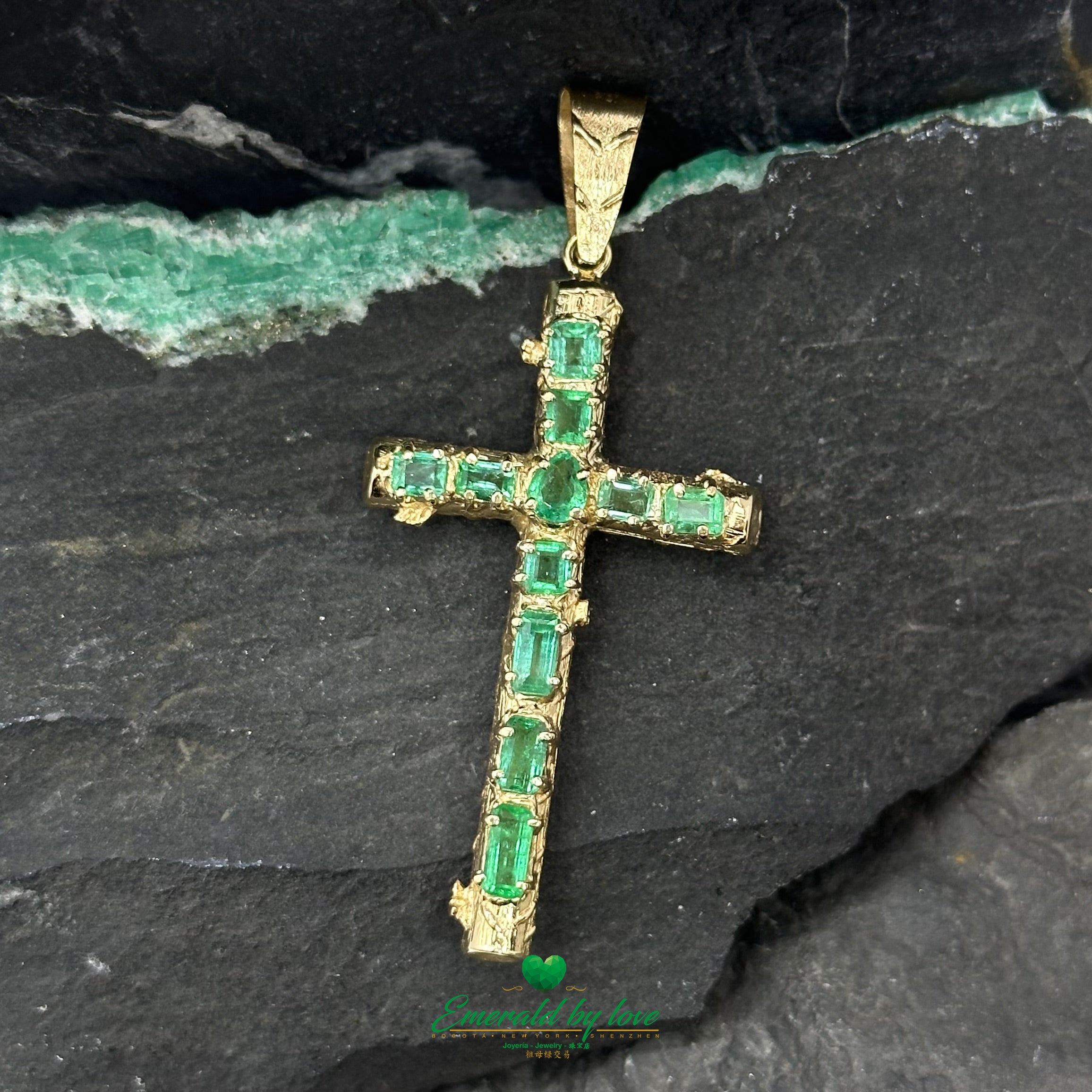 Elegant Yellow Gold Cross with Rectangular & Baguette Colombian Emeralds