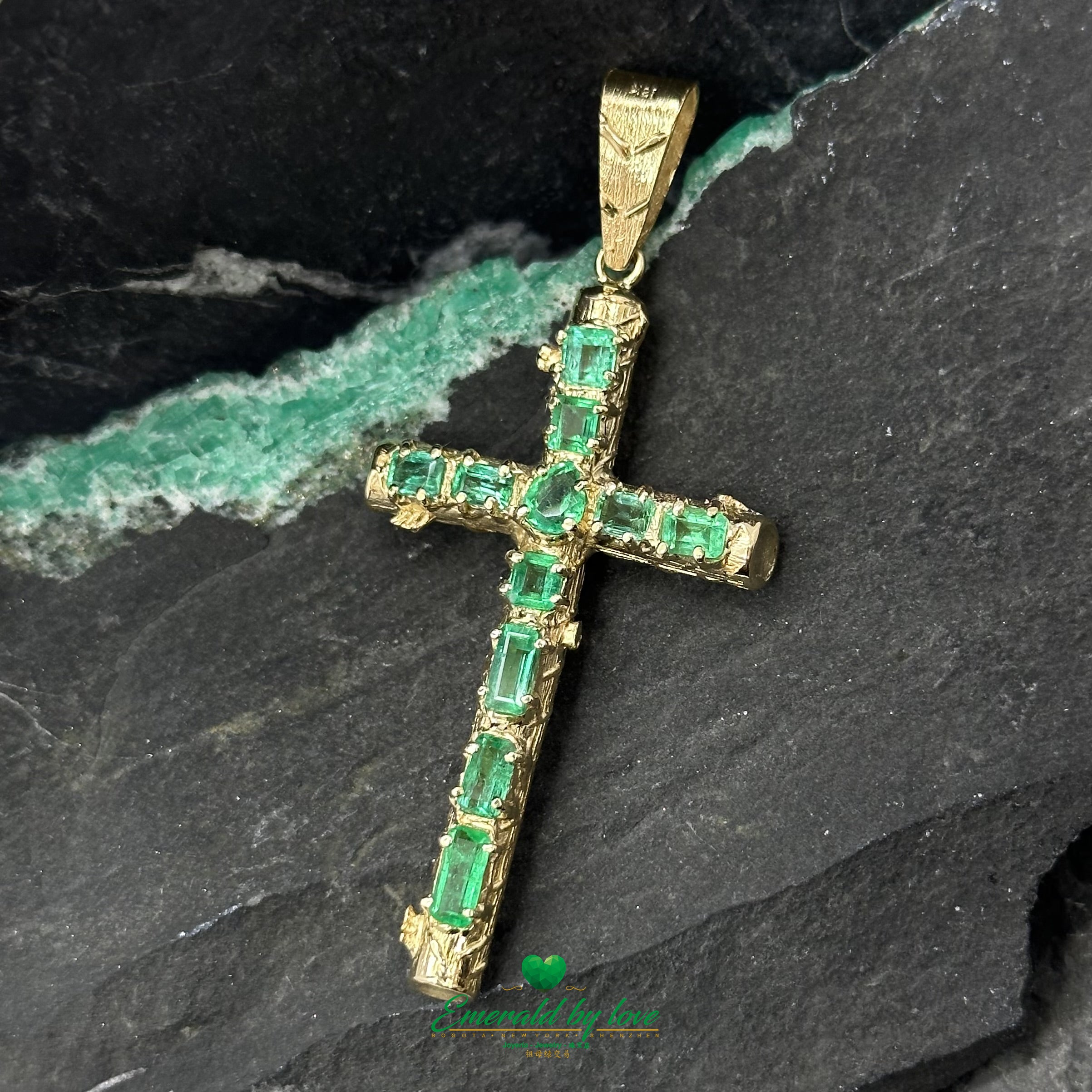 Elegant Yellow Gold Cross with Rectangular & Baguette Colombian Emeralds