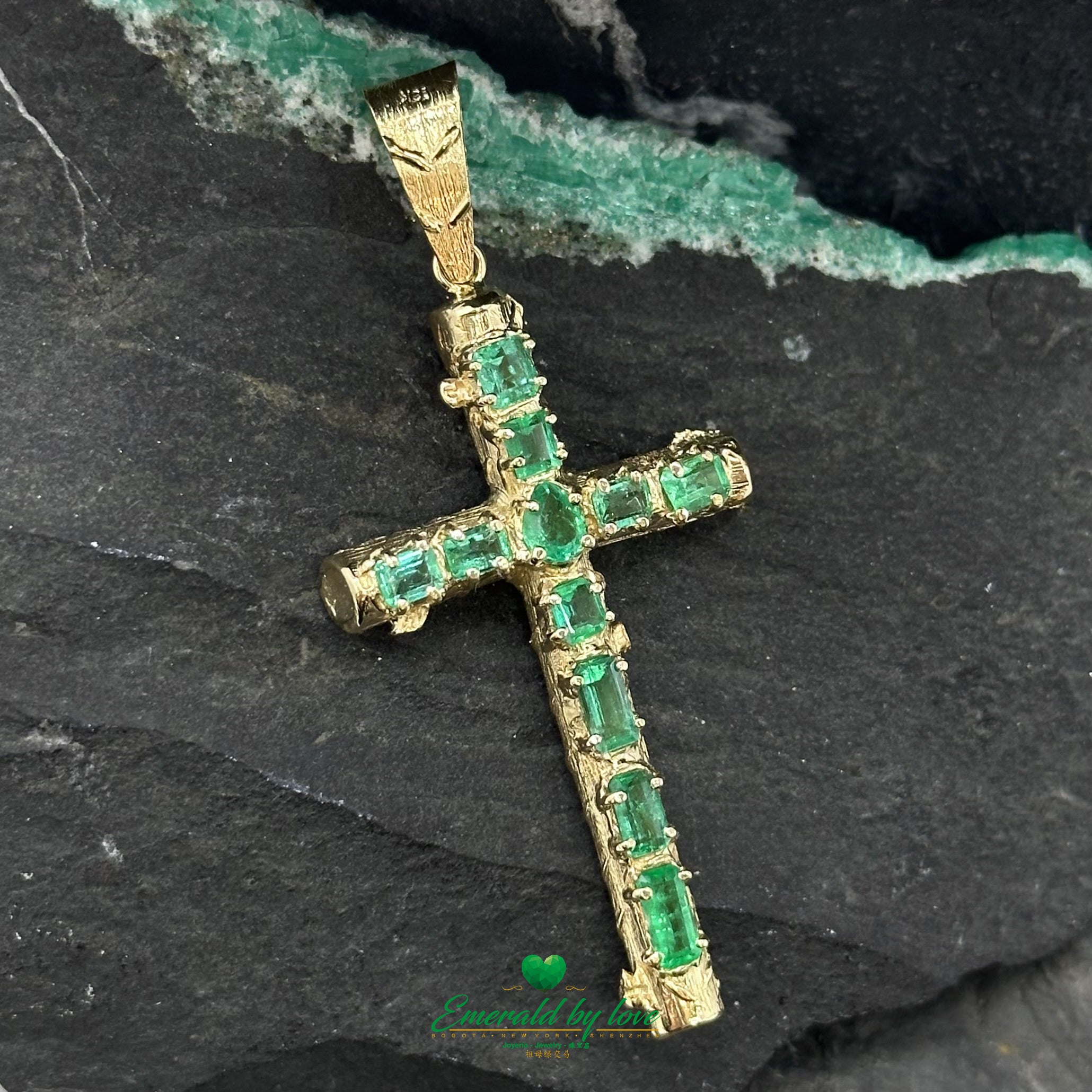 Elegant Yellow Gold Cross with Rectangular & Baguette Colombian Emeralds