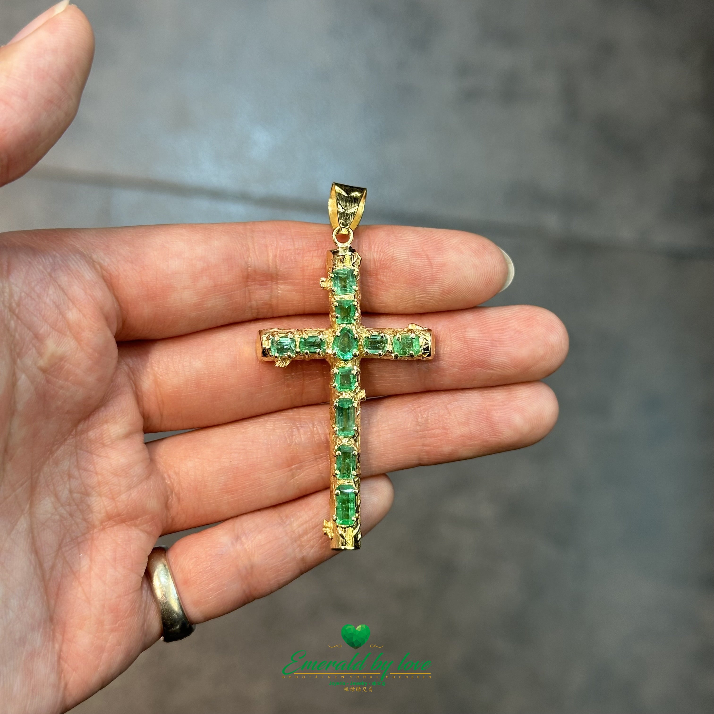 Elegant Yellow Gold Cross with Rectangular & Baguette Colombian Emeralds