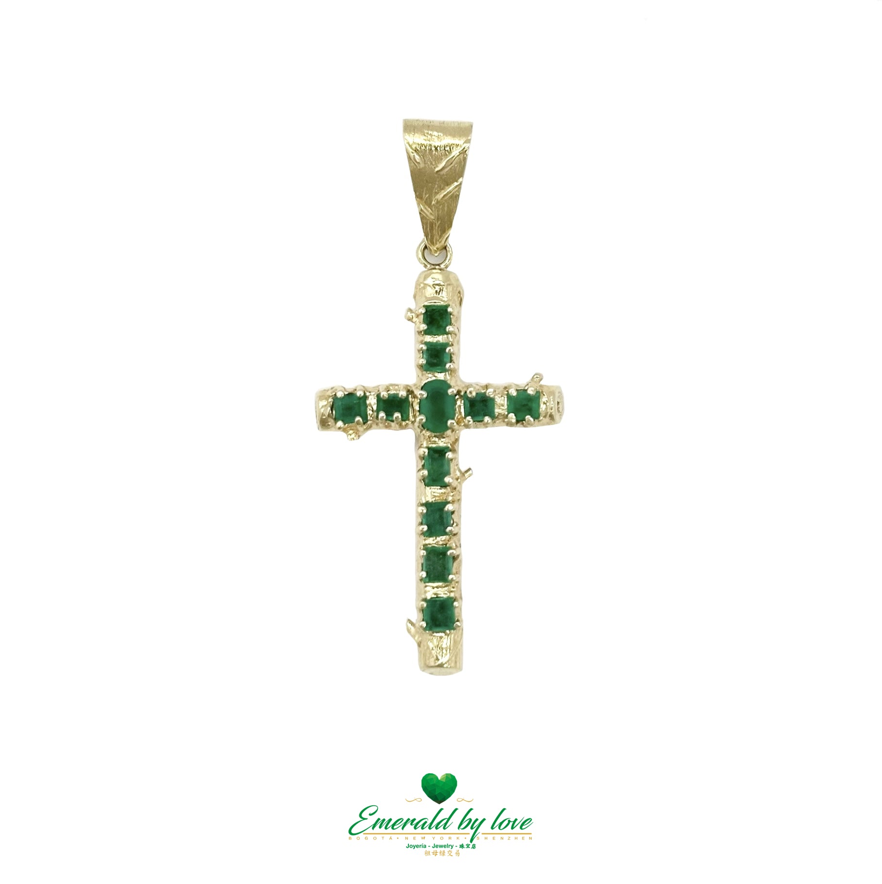 Medium Yellow Gold Trunk-Style Cross with Colombian Emeralds |