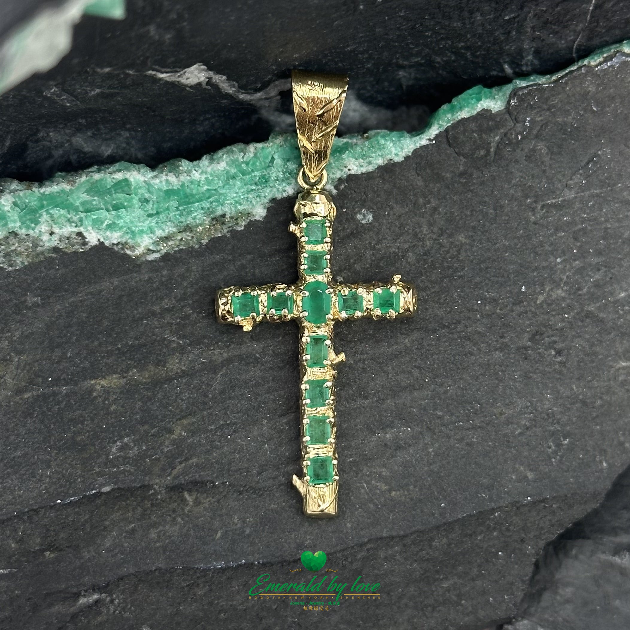 Medium Yellow Gold Trunk-Style Cross with Colombian Emeralds |