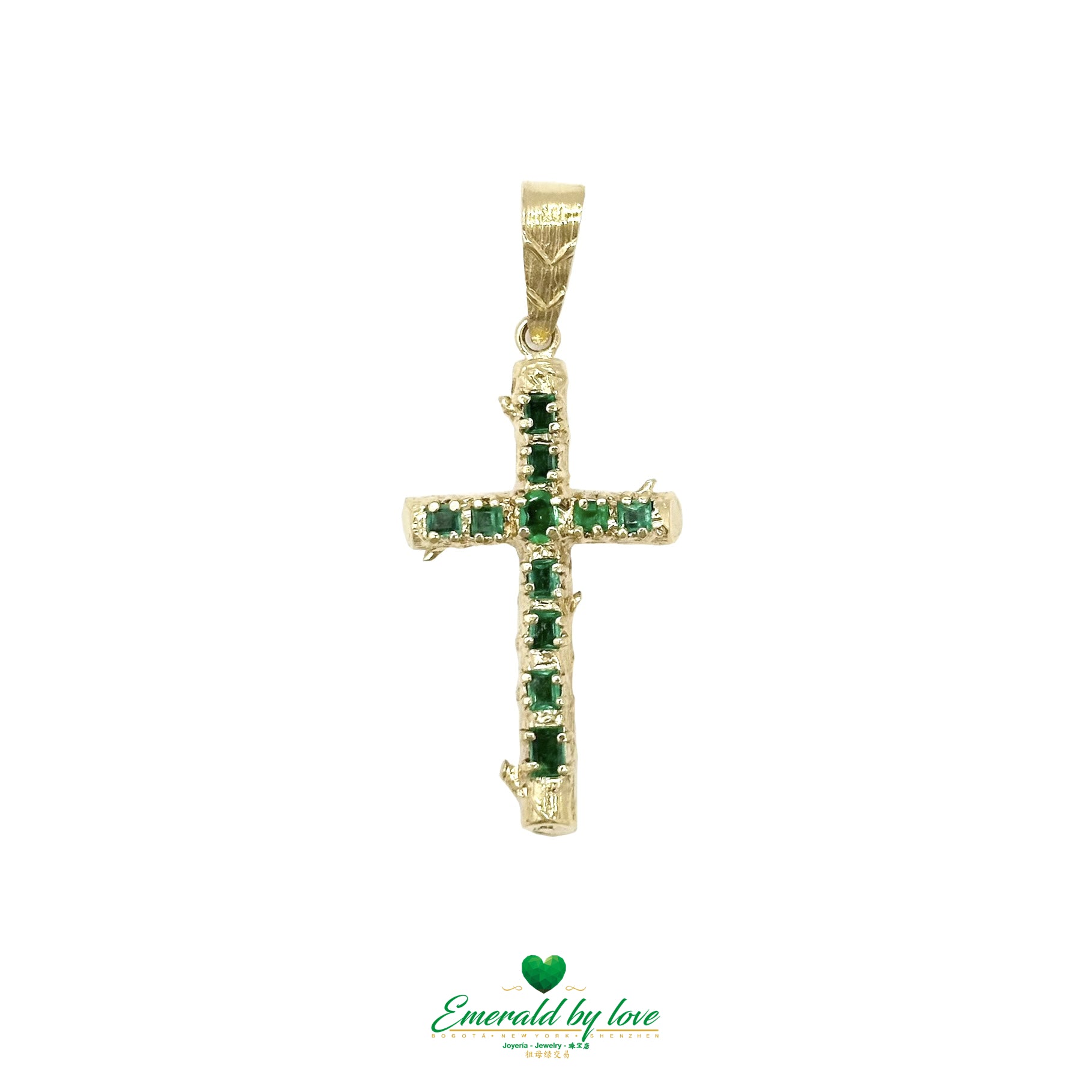 Classy Yellow Gold Trunk-Style Cross with Oval & Baguette Colombian Emeralds |