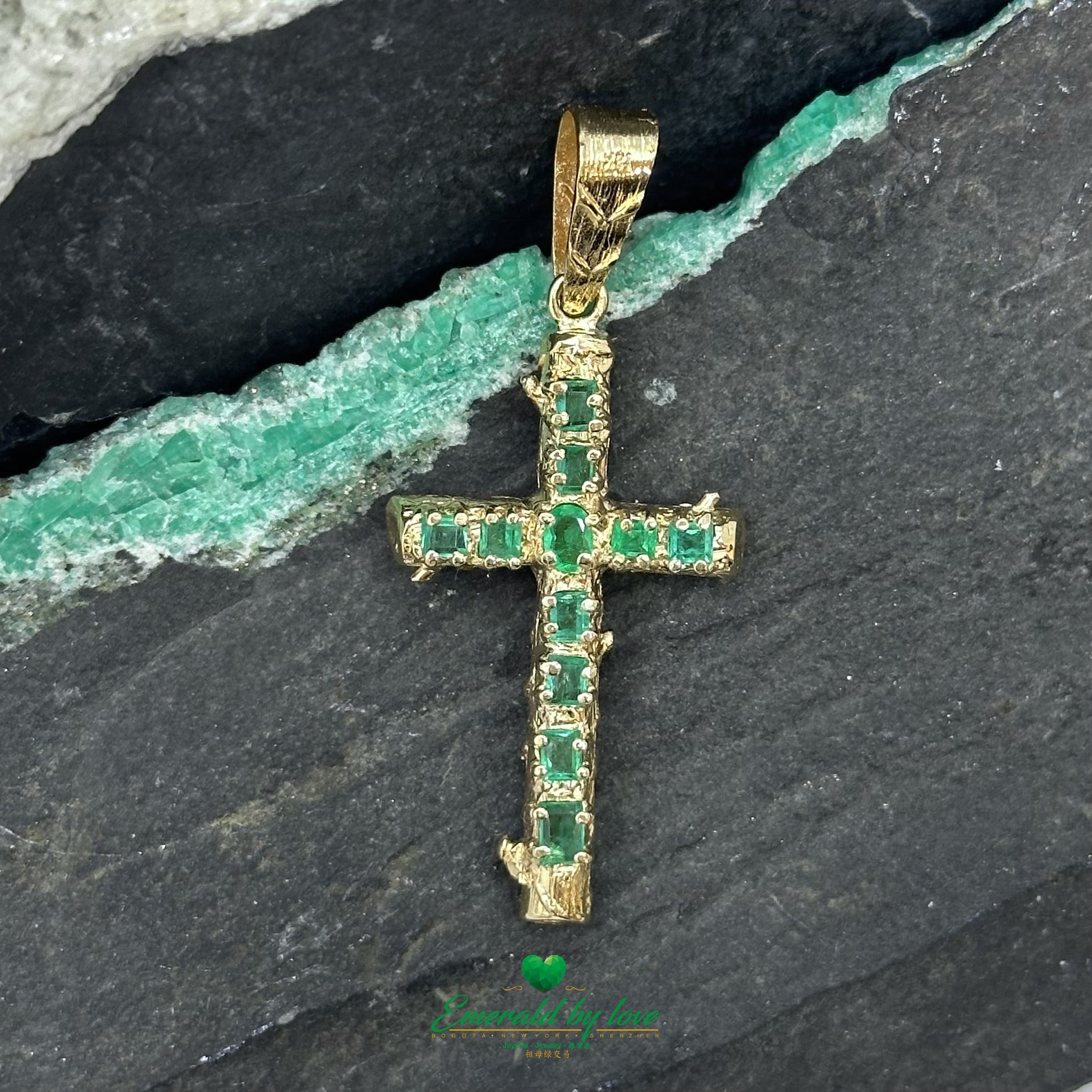 Classy Yellow Gold Trunk-Style Cross with Oval & Baguette Colombian Emeralds |