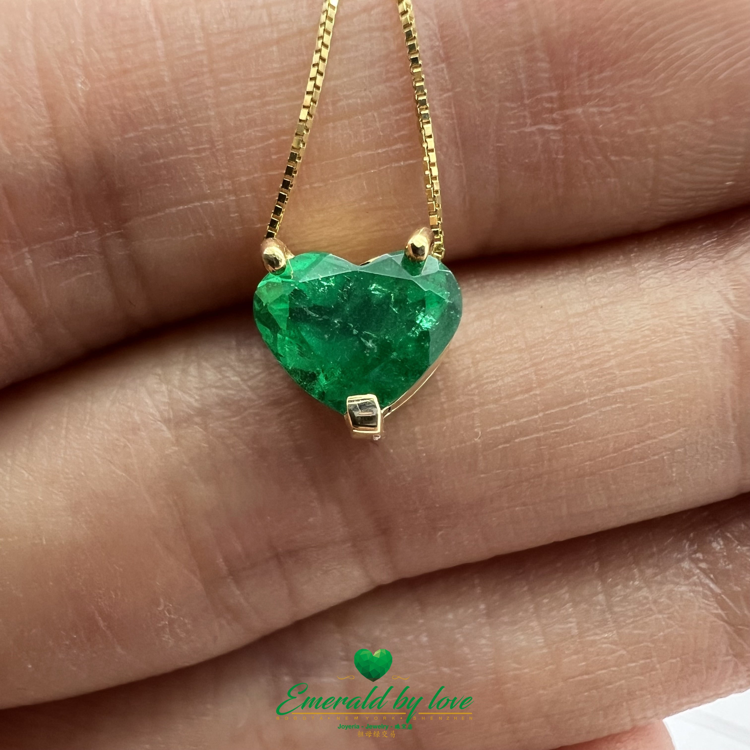 Delicate and beautiful Yellow Gold Heart Emerald Pendant with Three-Prong Setting