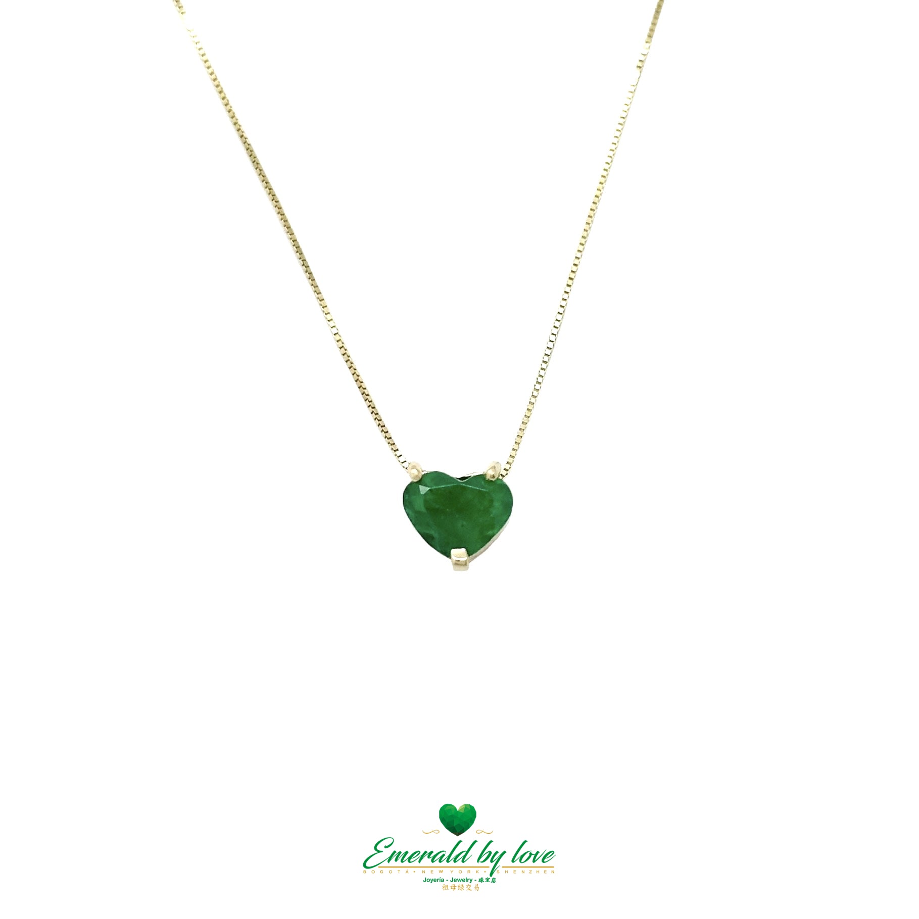 Delicate and beautiful Yellow Gold Heart Emerald Pendant with Three-Prong Setting