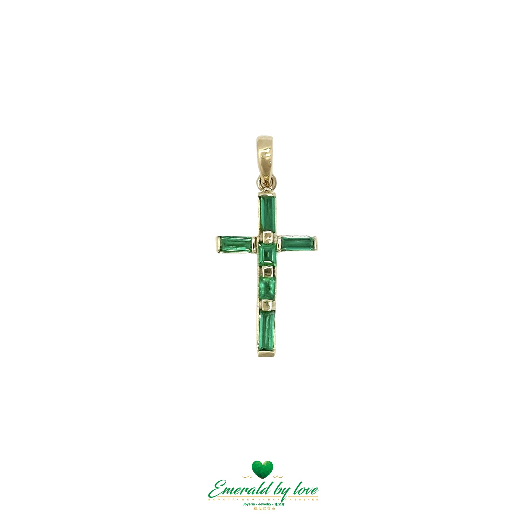 Innovative Yellow Gold Cross with Colombian Baguette Emeralds