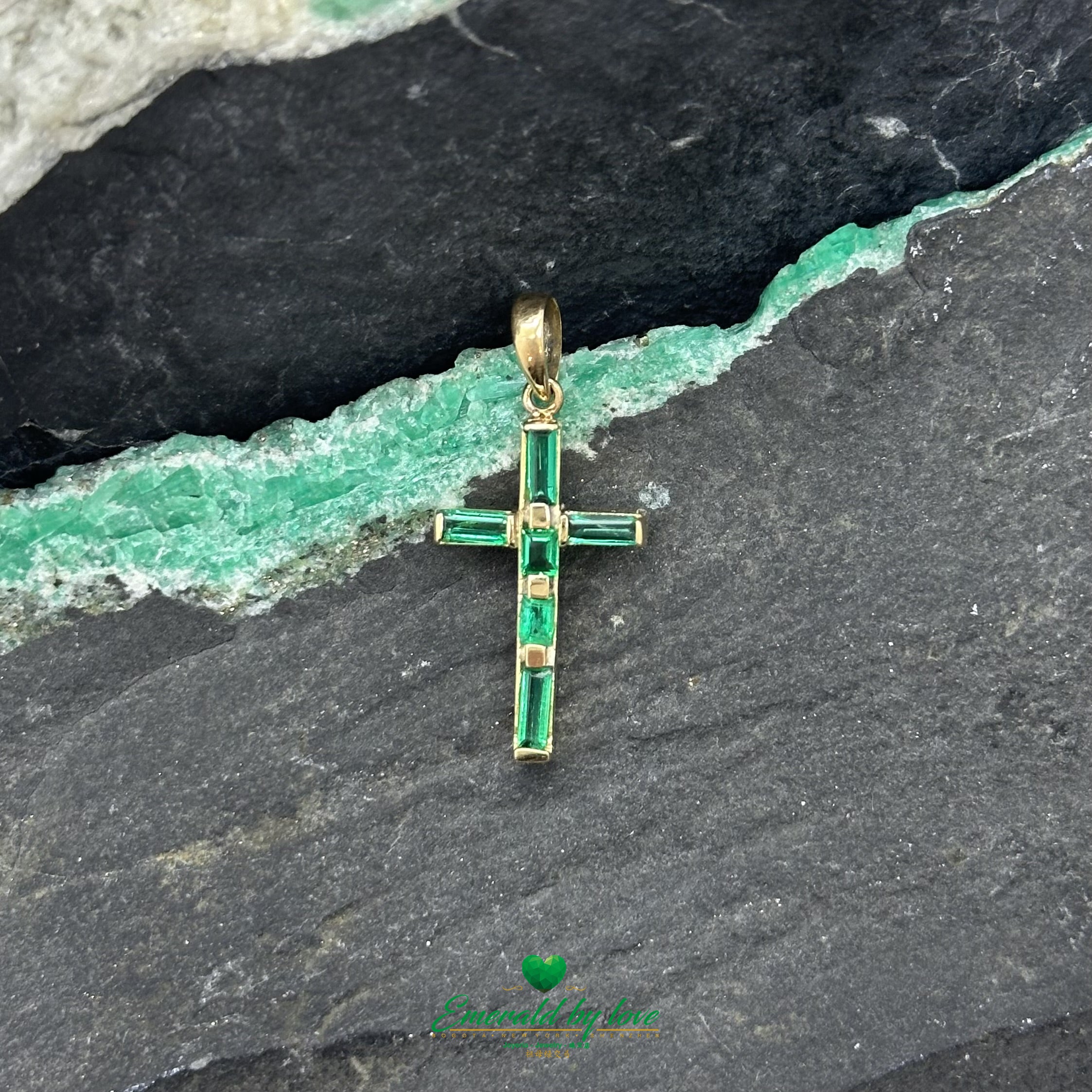 Innovative Yellow Gold Cross with Colombian Baguette Emeralds