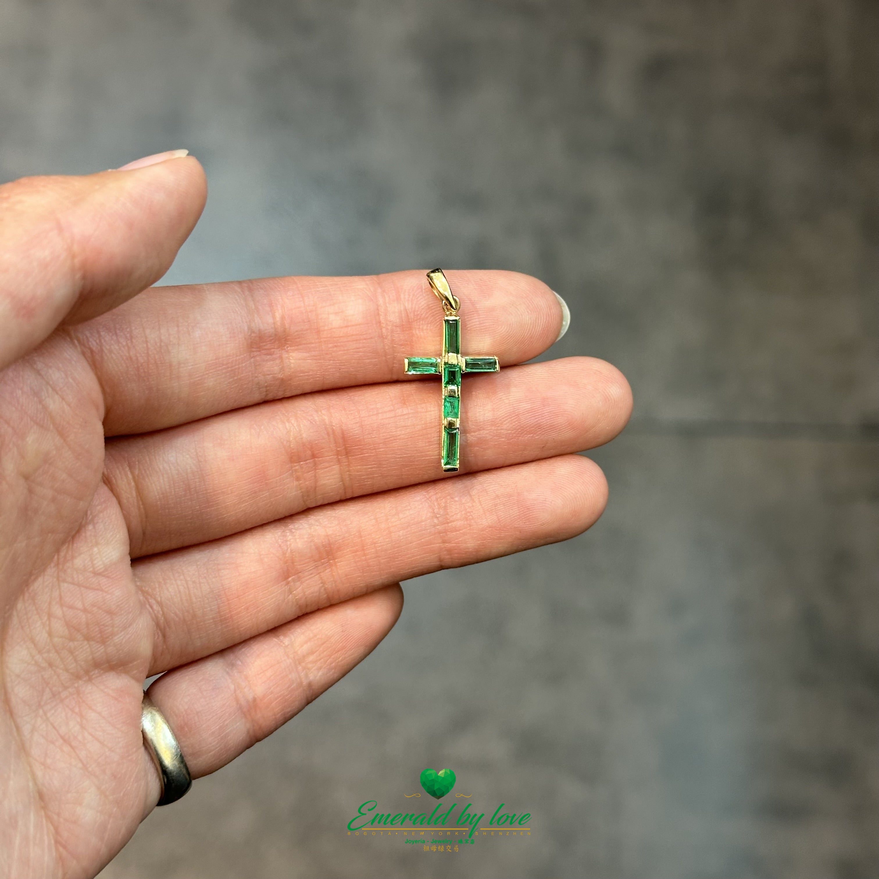 Innovative Yellow Gold Cross with Colombian Baguette Emeralds