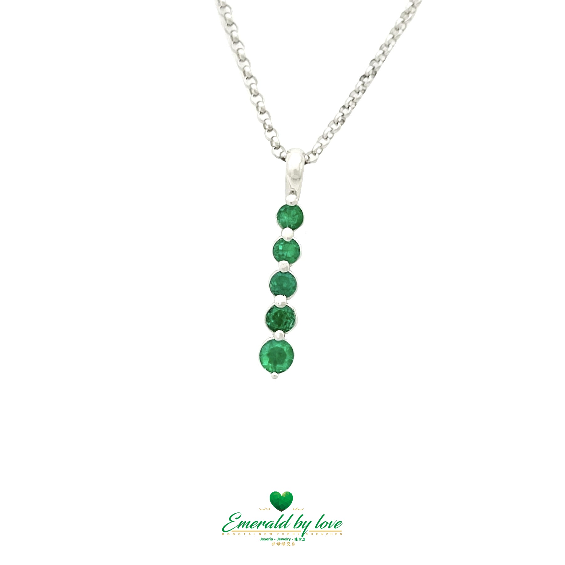 Elegant White Gold Pendant with Gradient Round Emerald Row