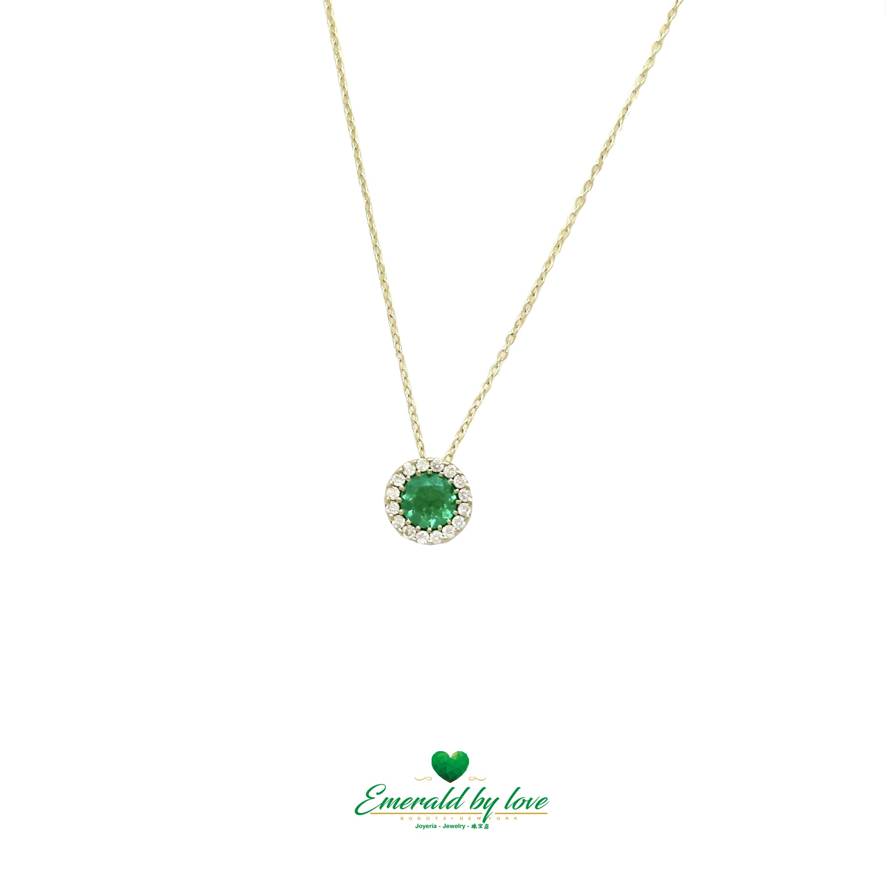 Delicate Yellow Gold Cluster Pendant with Round Colombian Natural Emerald Surrounded by Diamonds