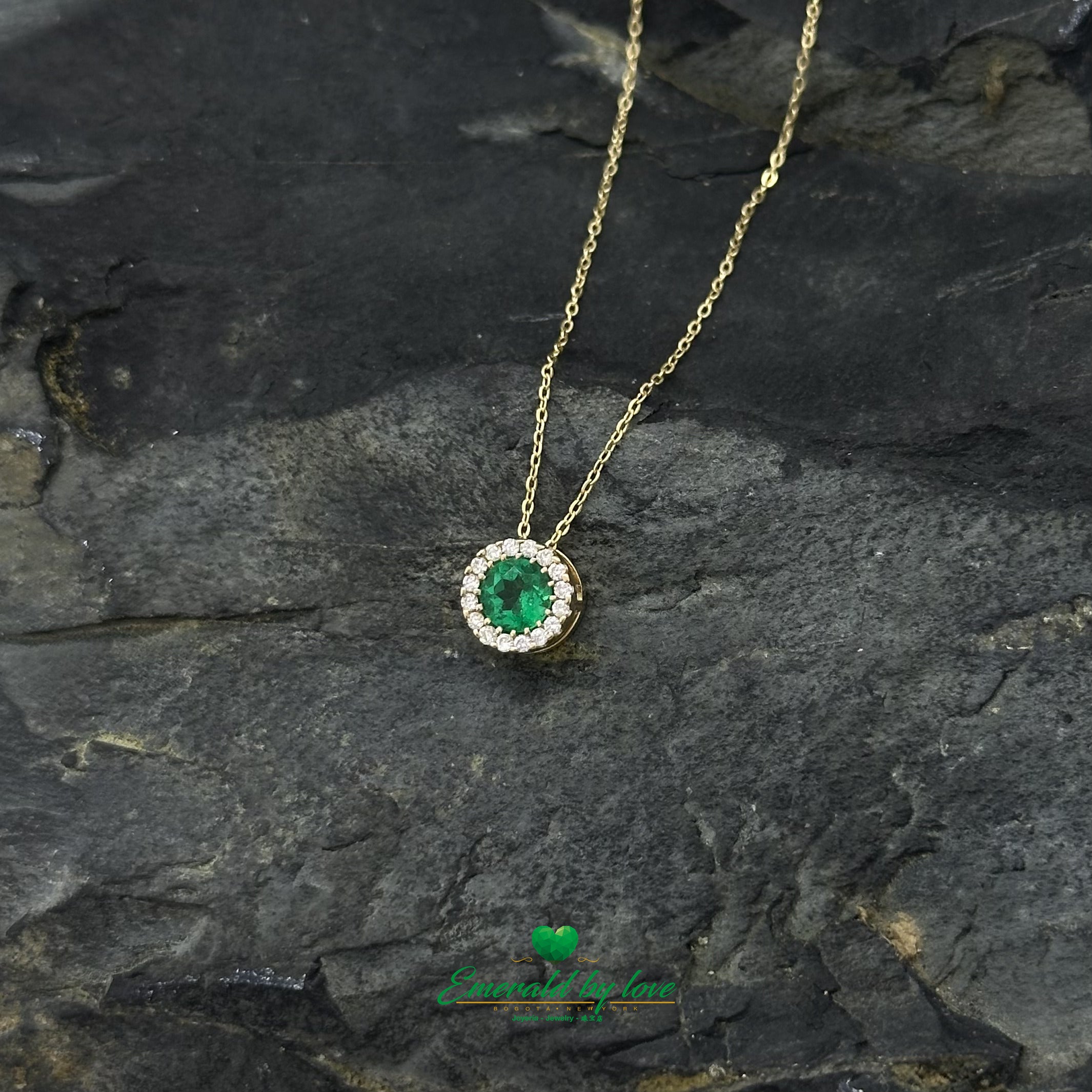 Delicate Yellow Gold Cluster Pendant with Round Colombian Natural Emerald Surrounded by Diamonds