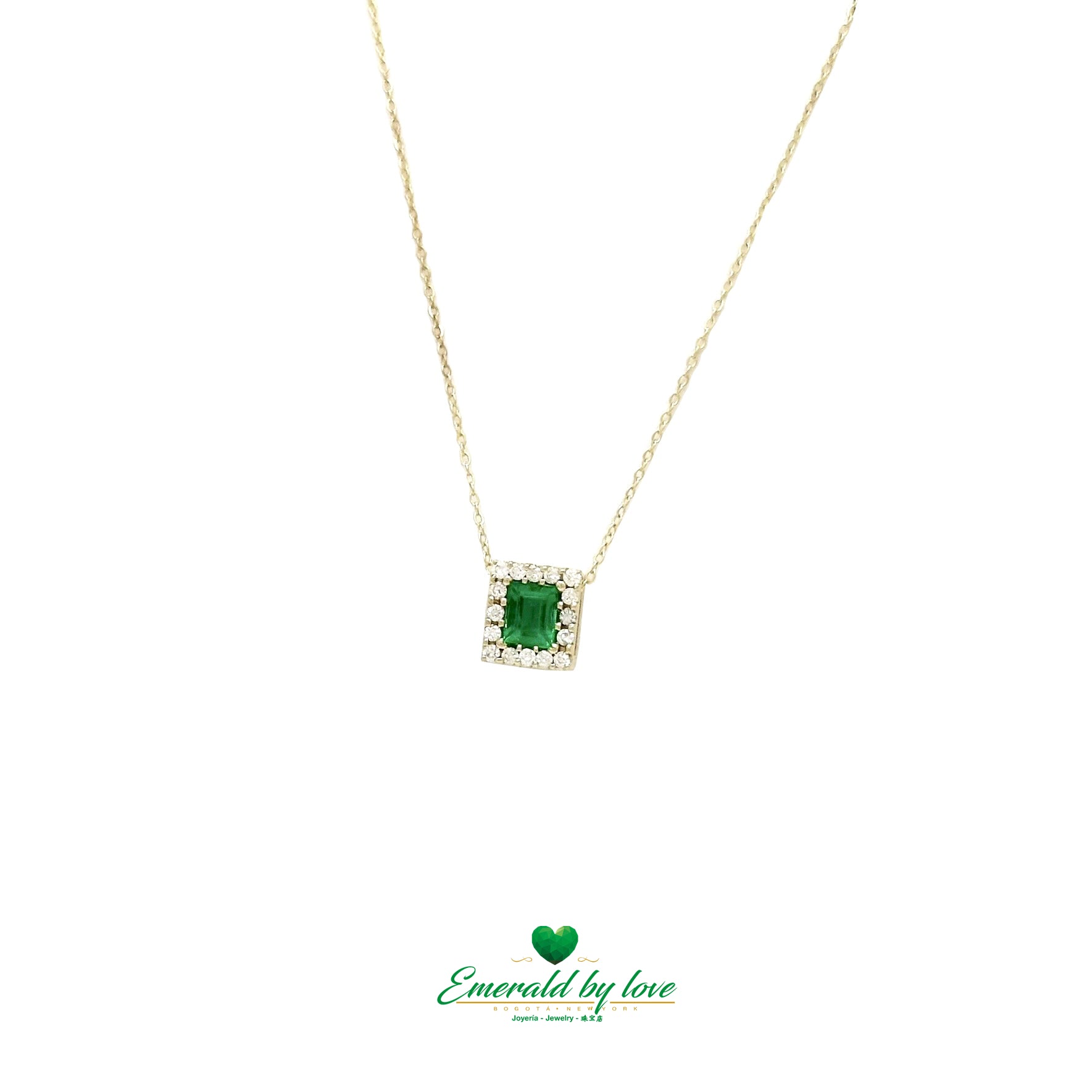 Yellow Gold Cluster Pendant with Baguette Colombian Natural Emerald Surrounded by Diamonds