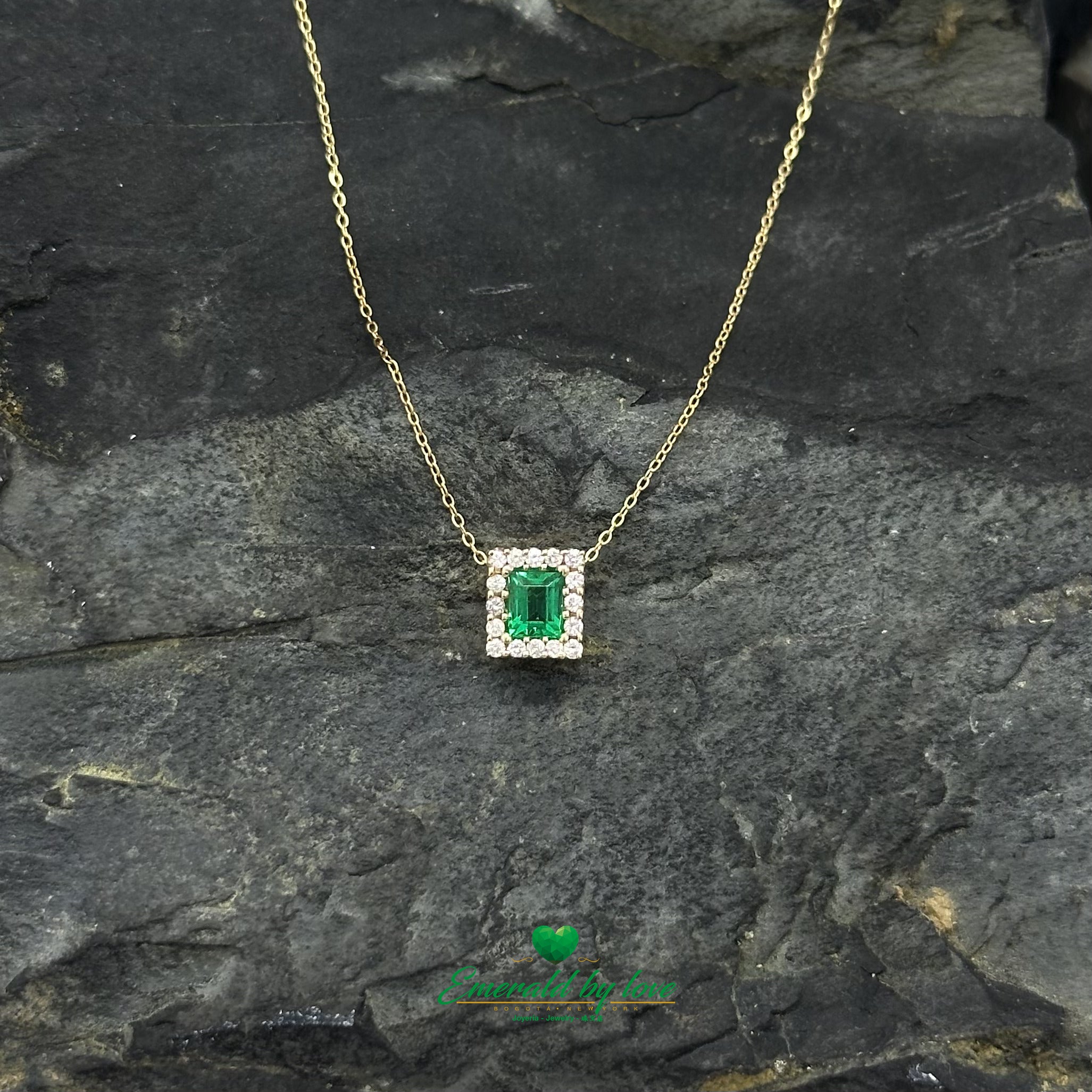 Yellow Gold Cluster Pendant with Baguette Colombian Natural Emerald Surrounded by Diamonds