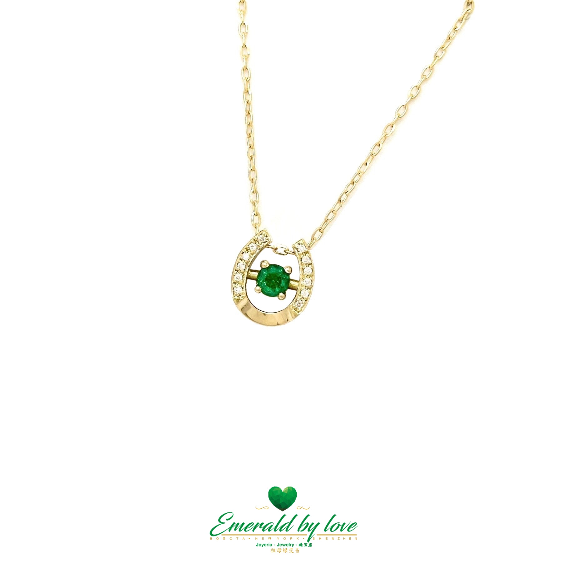 18K Yellow Gold Horseshoe Pendant with Colombian Emerald & Diamond Accents