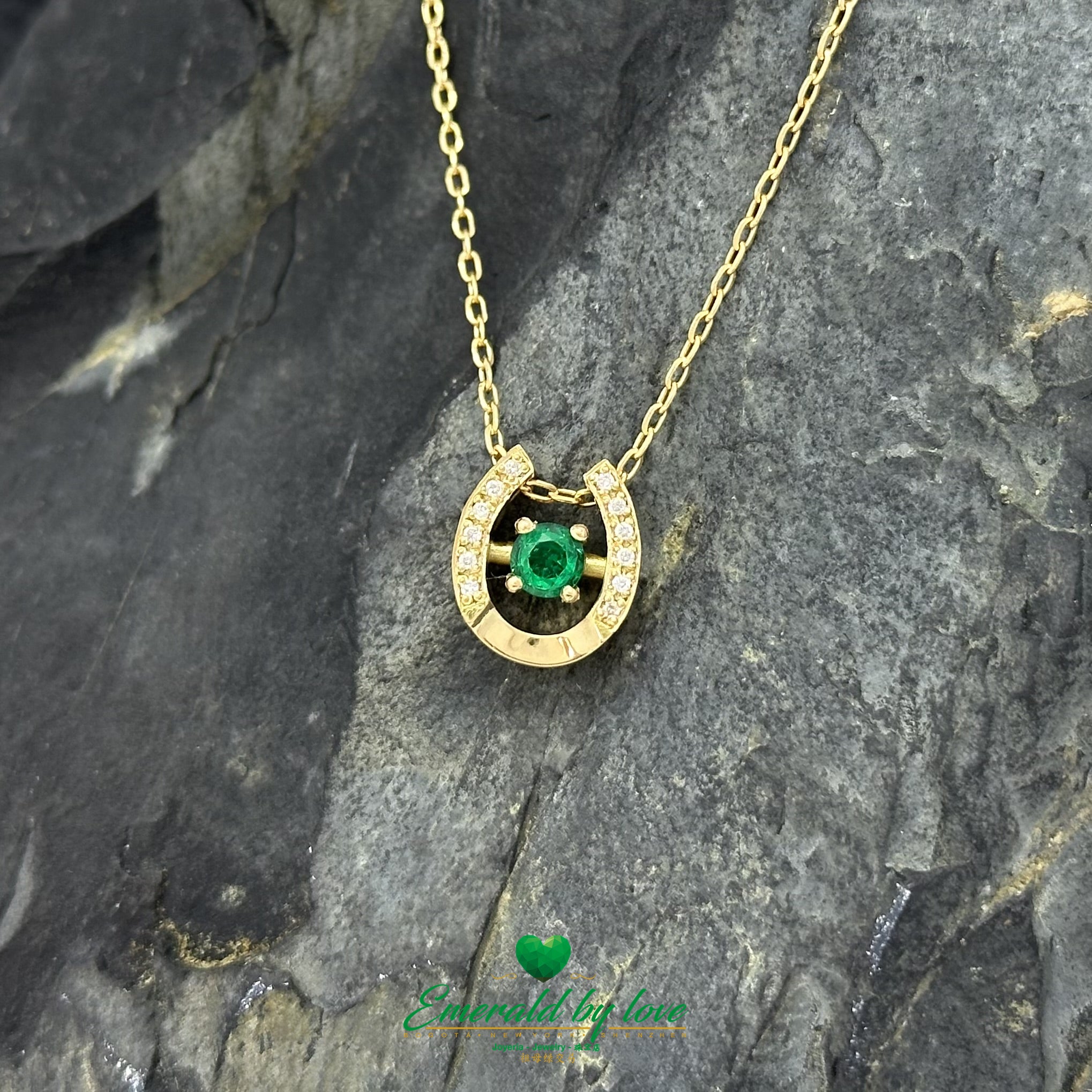 18K Yellow Gold Horseshoe Pendant with Colombian Emerald & Diamond Accents