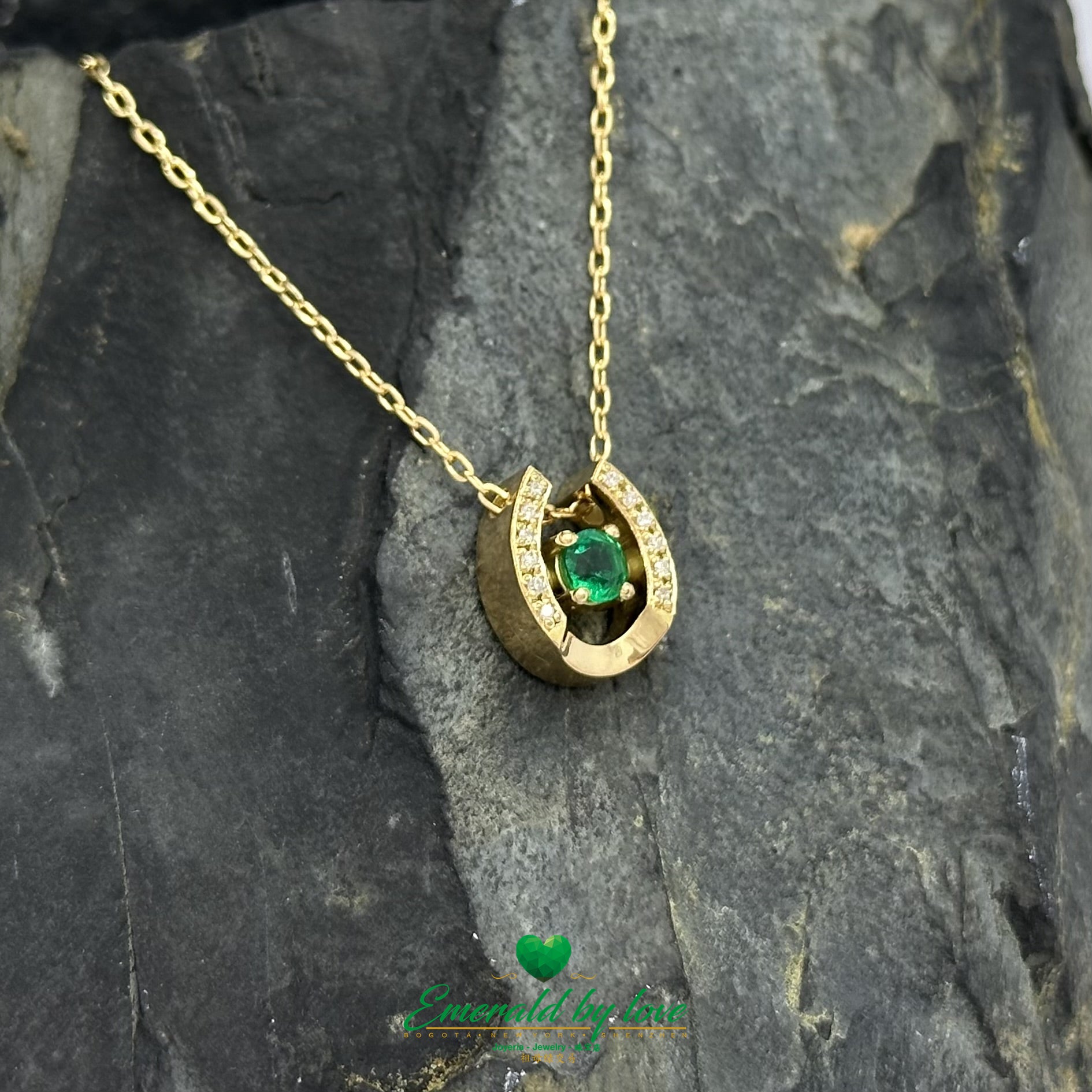 18K Yellow Gold Horseshoe Pendant with Colombian Emerald & Diamond Accents