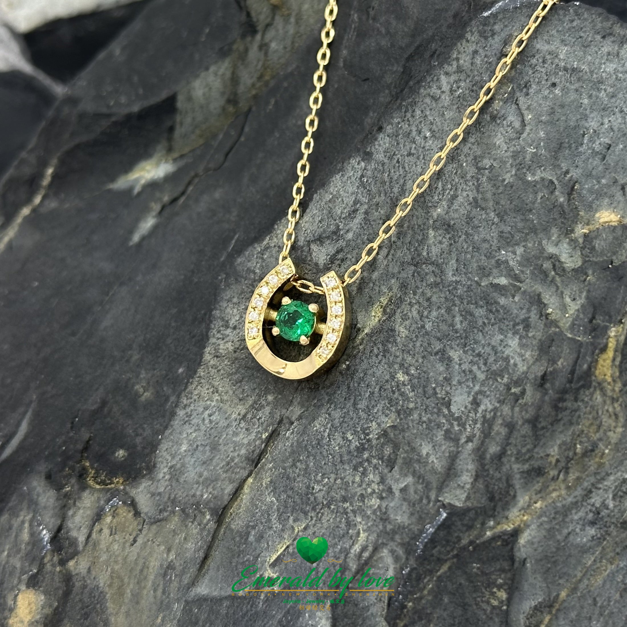 18K Yellow Gold Horseshoe Pendant with Colombian Emerald & Diamond Accents