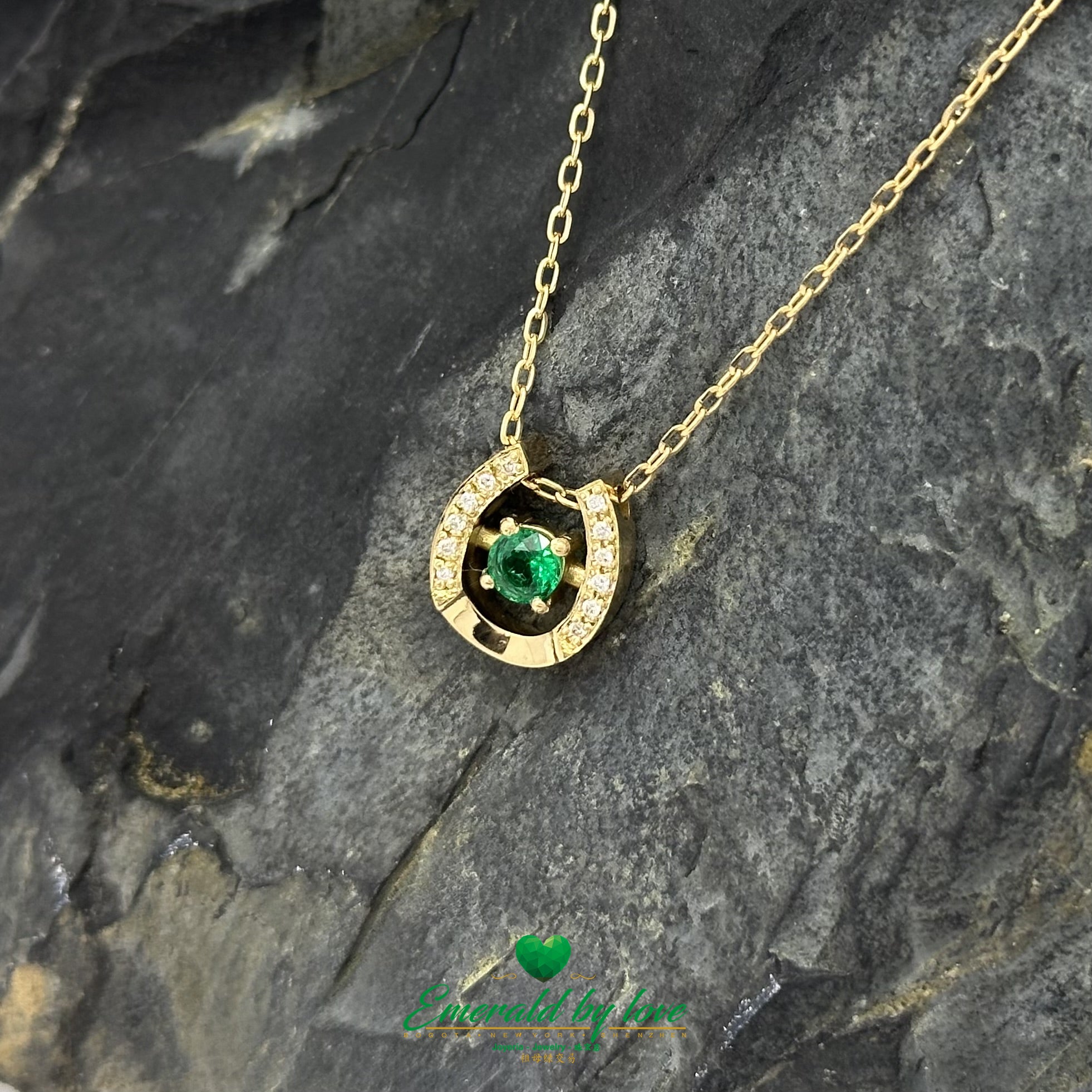 18K Yellow Gold Horseshoe Pendant with Colombian Emerald & Diamond Accents