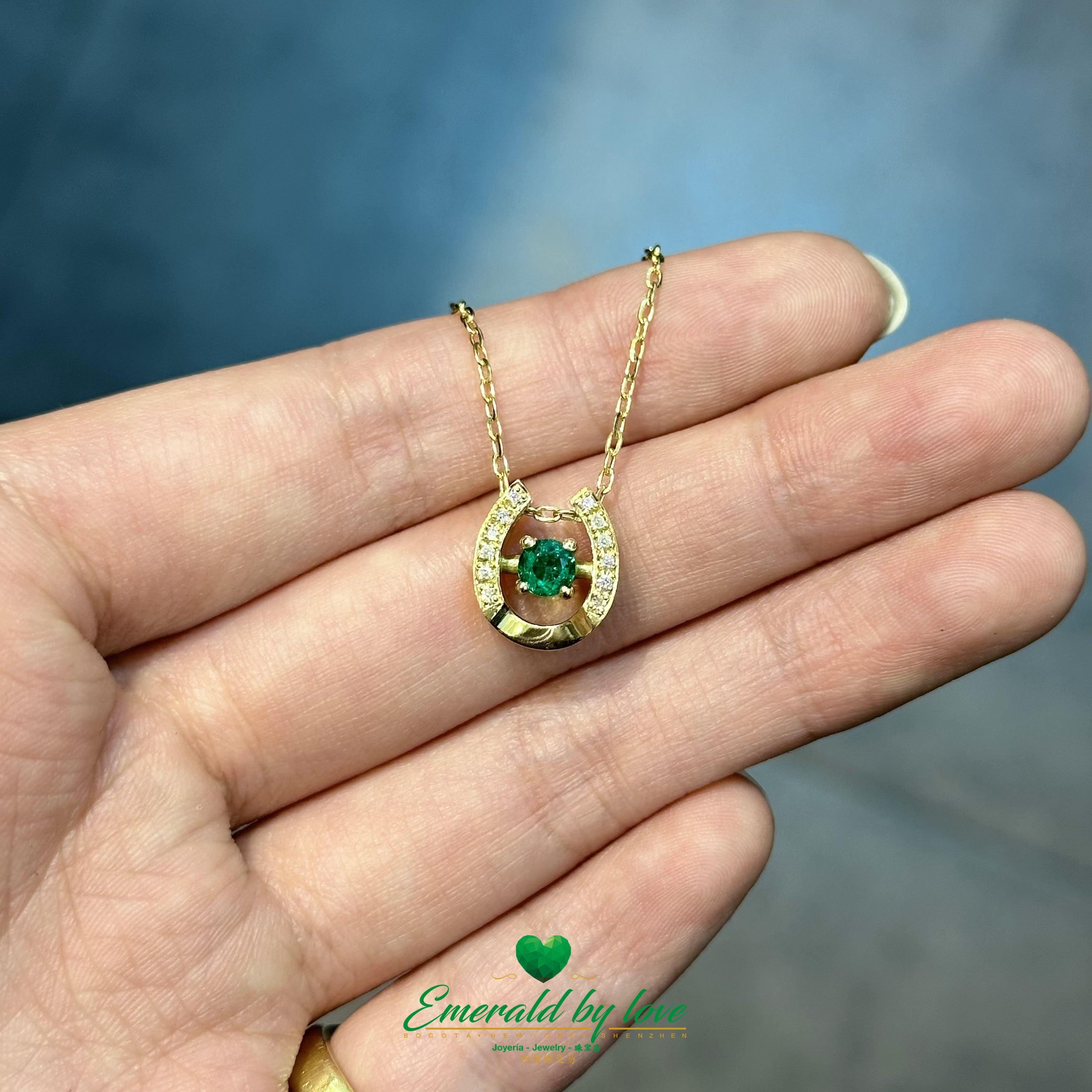 18K Yellow Gold Horseshoe Pendant with Colombian Emerald & Diamond Accents