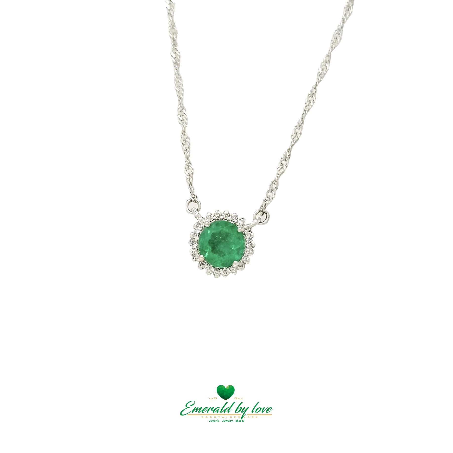 Floral Round Emerald and Diamond Halo Pendant in 18K White Gold