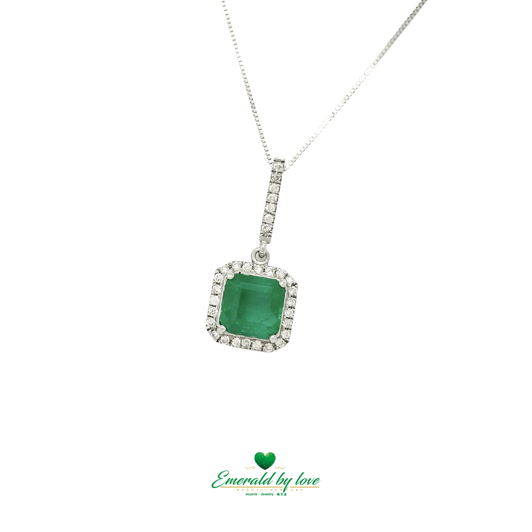 Elegant Emerald-Cut Colombian Emerald Pendant in 18K White Gold with Diamond Halo and Bail Accents