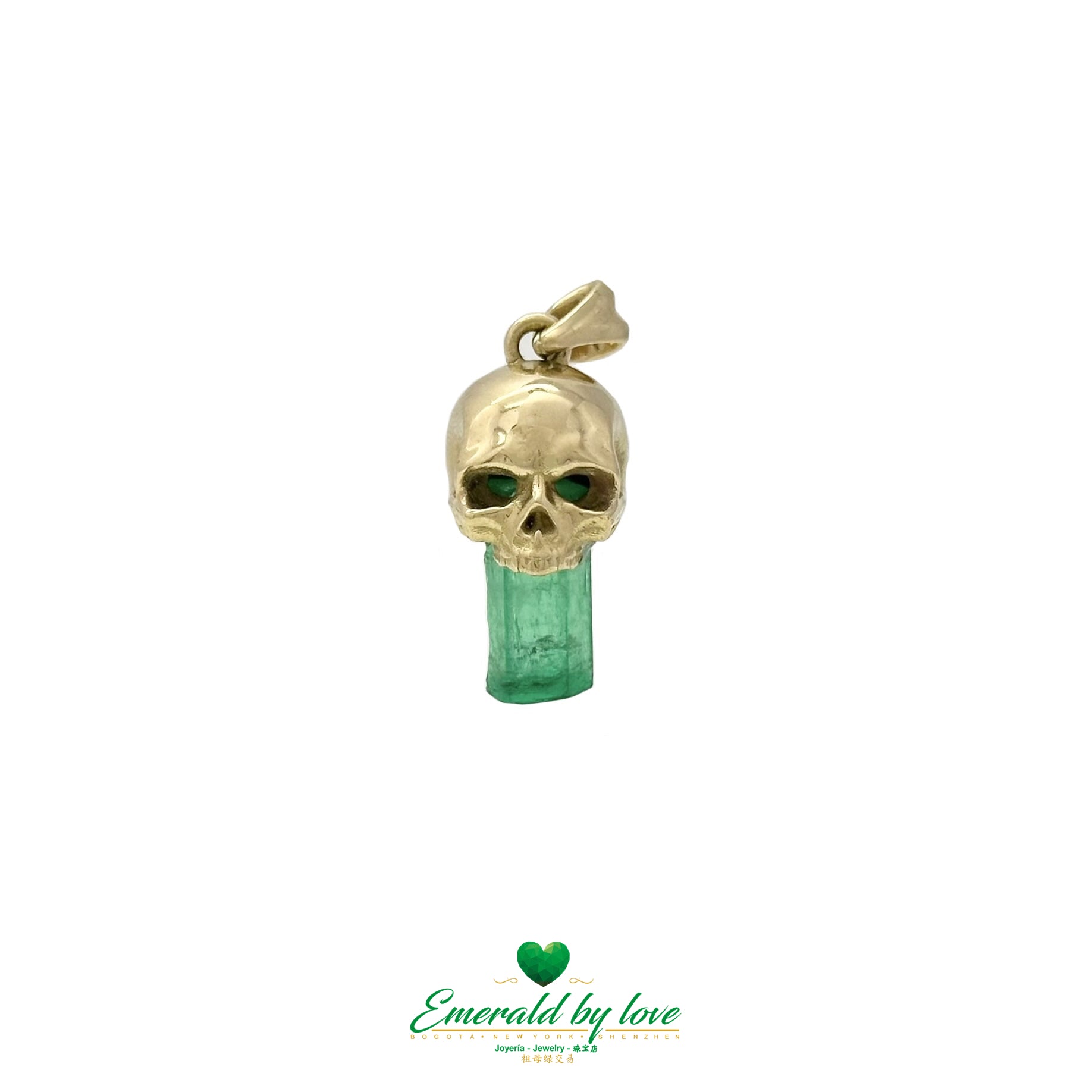 Skull Pendant in 18K Yellow Gold with Embedded Canutillo Colombian Emerald