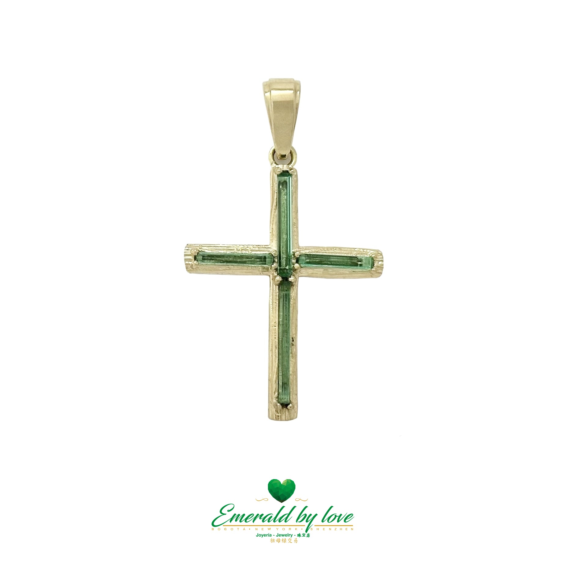 Rustic Elongated Cross Pendant in 18K Yellow Gold with Emerald Canutillo