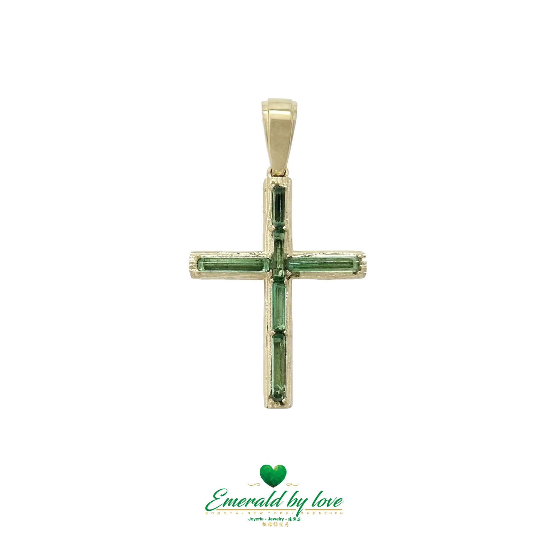 7.34g Rustic Elongated Cross in 18K Yellow Gold with Emerald Canutillo